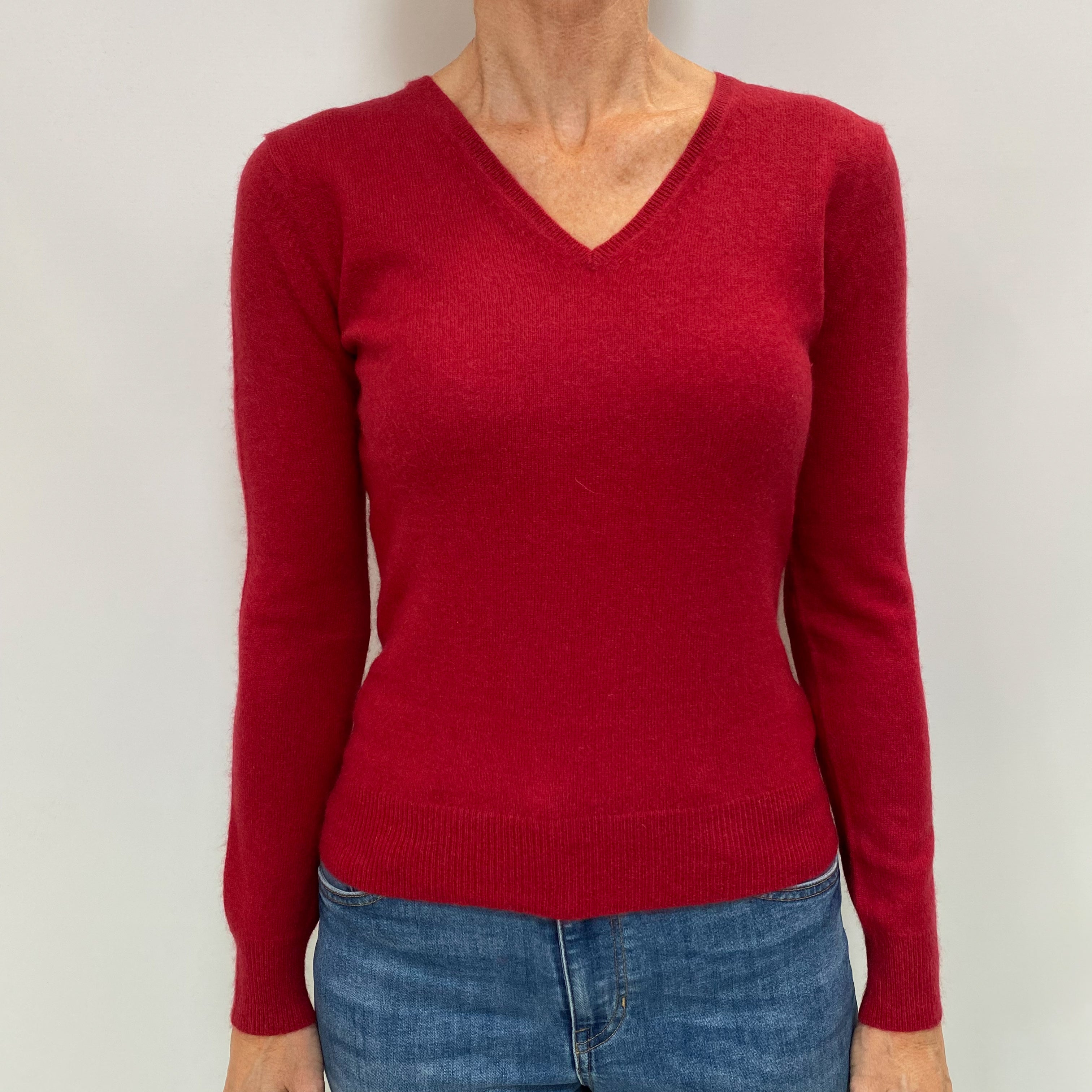 Crimson Red Cashmere V Neck Jumper Small