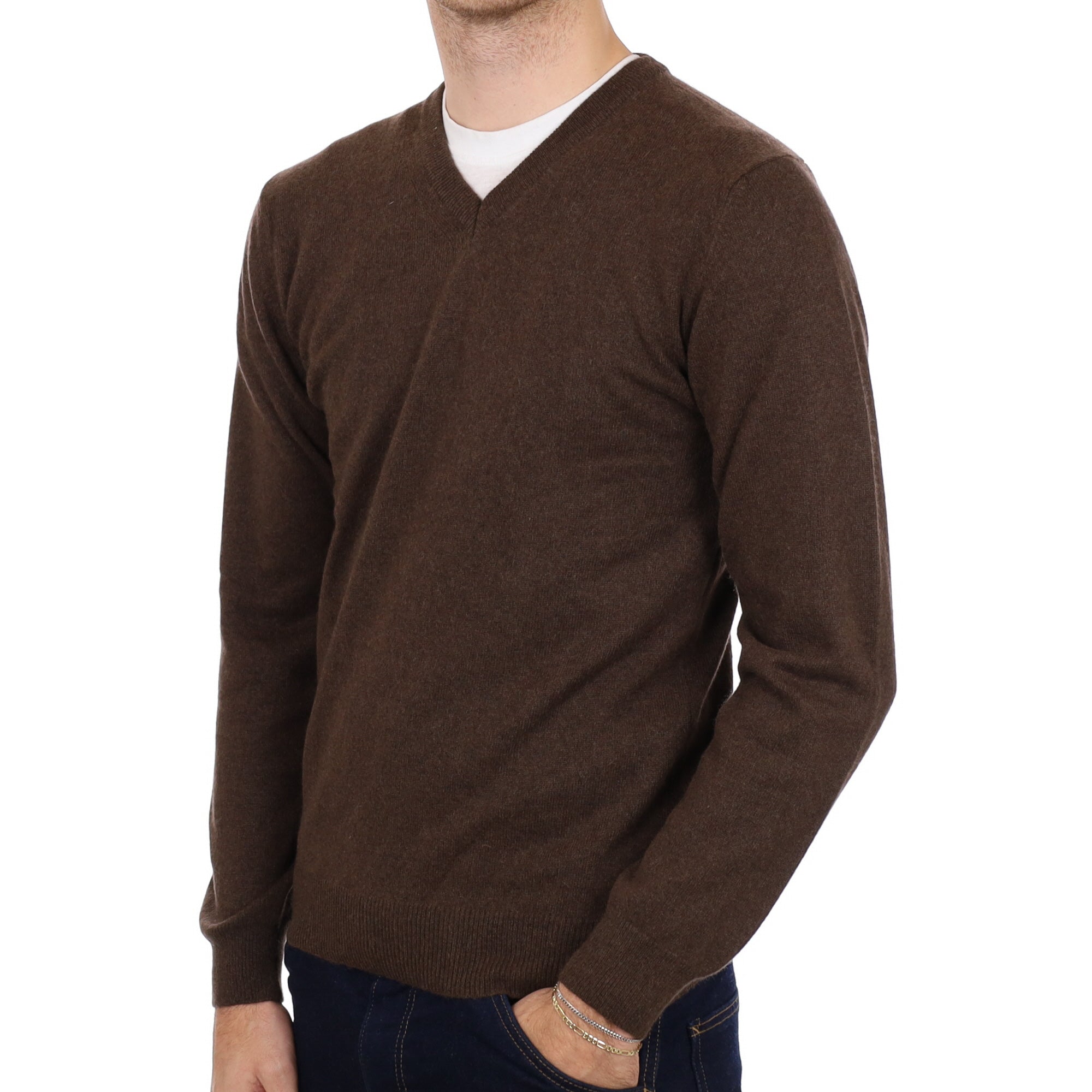 Men's Italian Peppercorn Brown Cashmere V Neck Jumper Medium