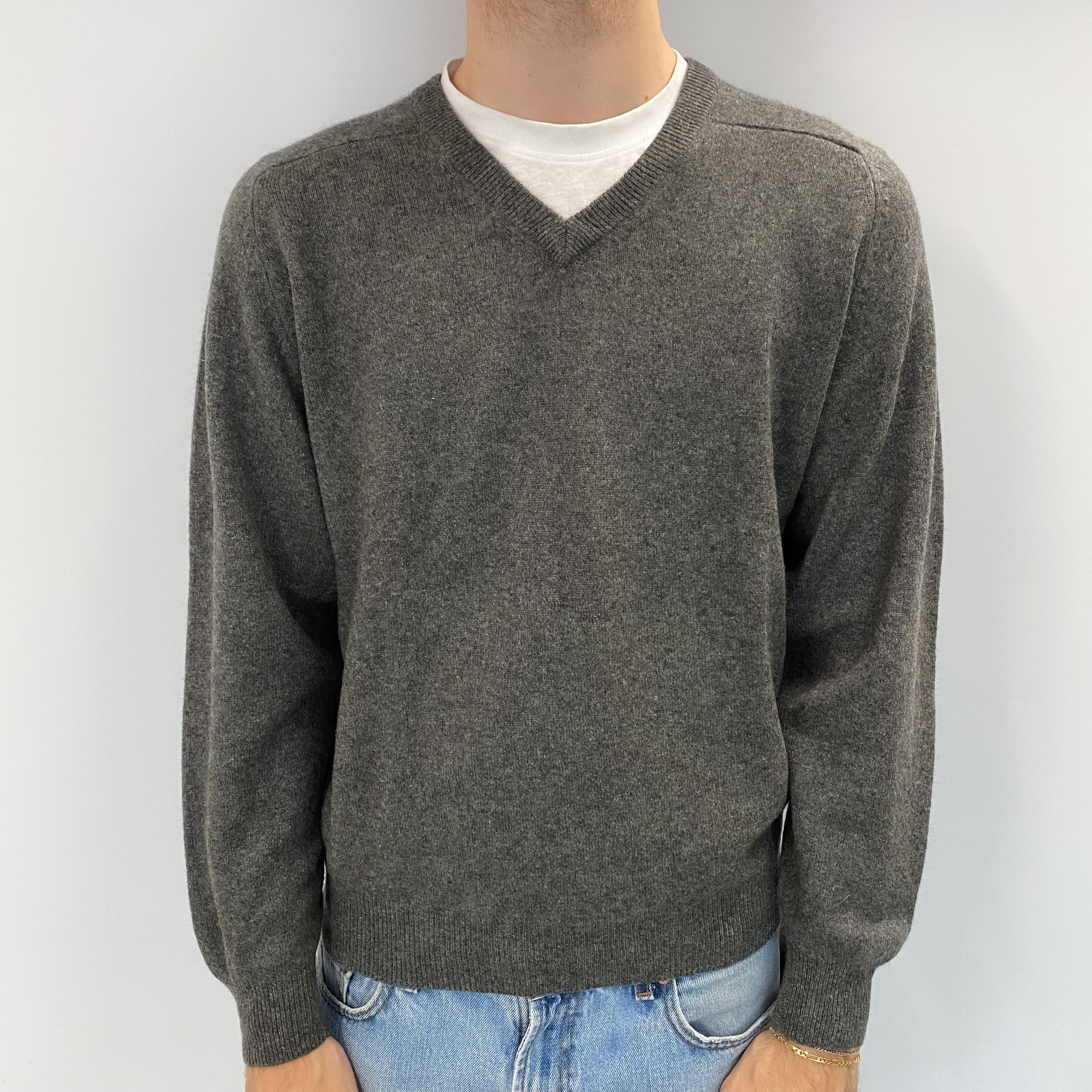 Men's Slate Grey Cashmere V Neck Jumper Large