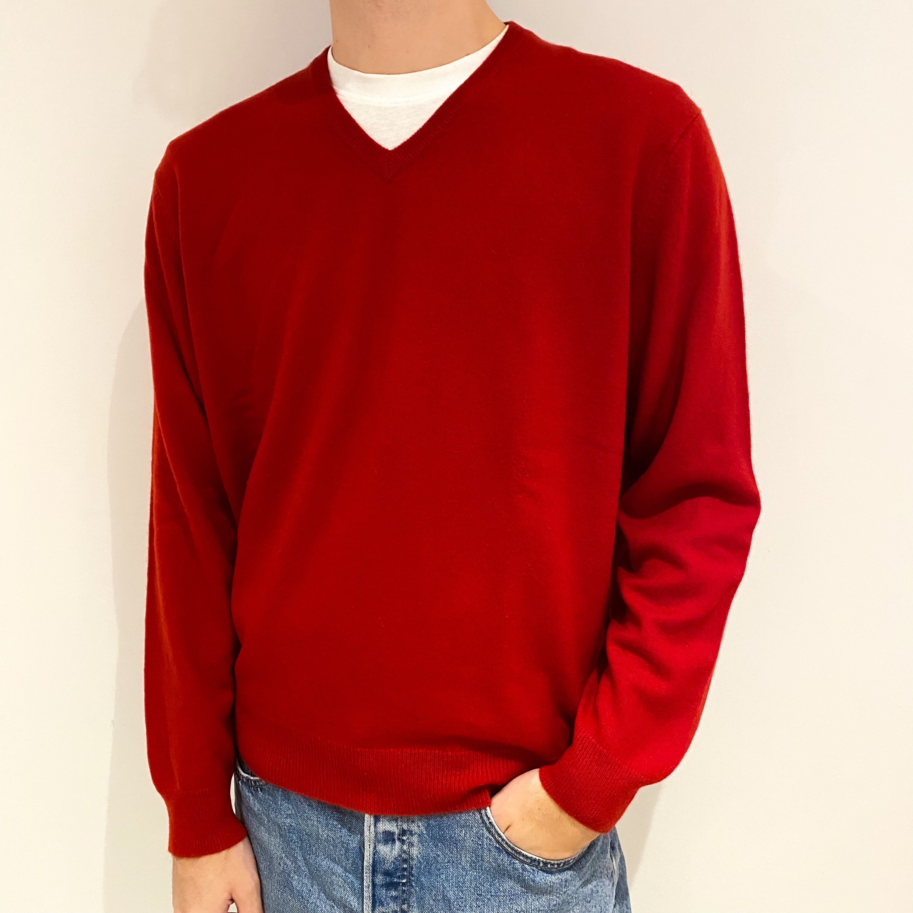 Men's Scarlet Red Cashmere V Neck Jumper Large