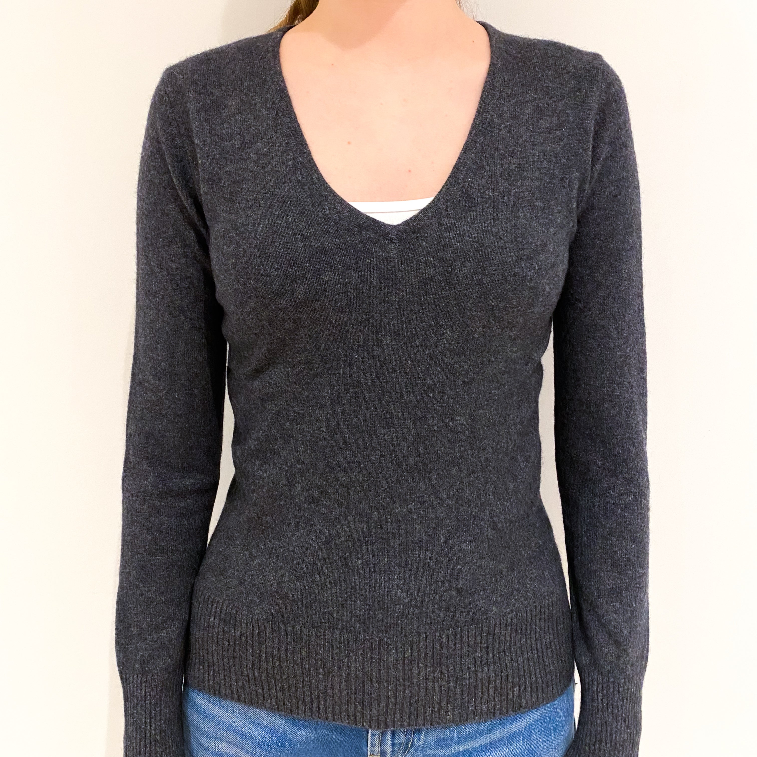 Slate Grey Cashmere V-Neck Jumper Extra Small