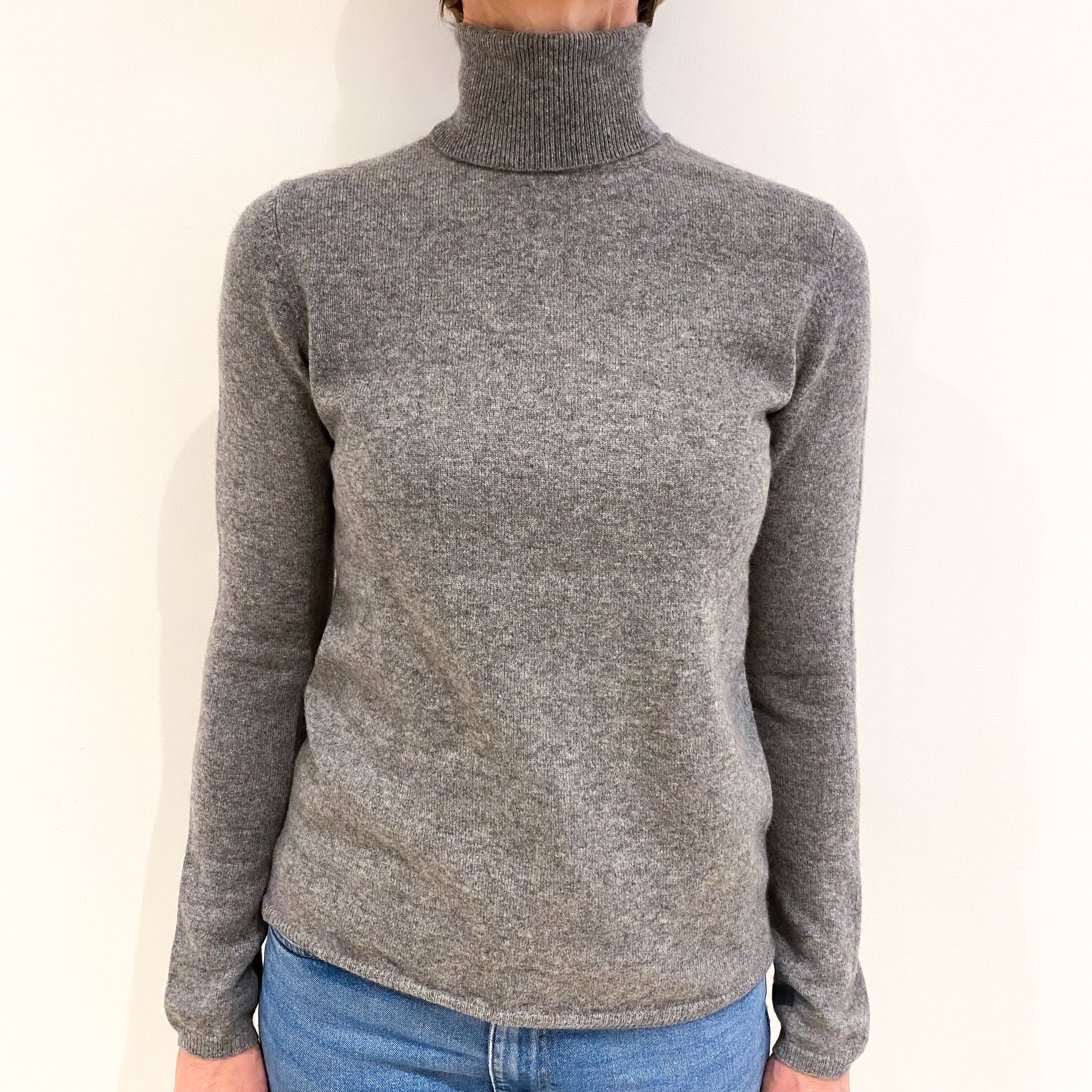 Ash Grey Cashmere Polo Neck Jumper Small
