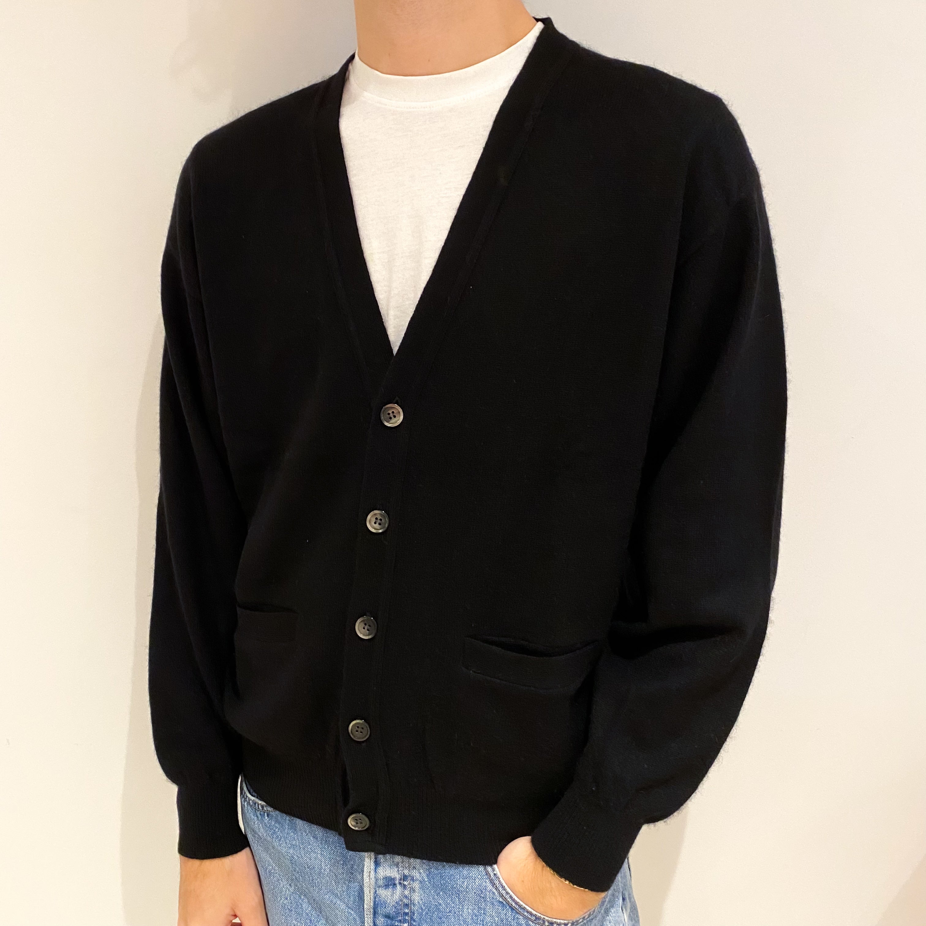 Men's Black Cashmere V Neck Cardigan with Pockets Large