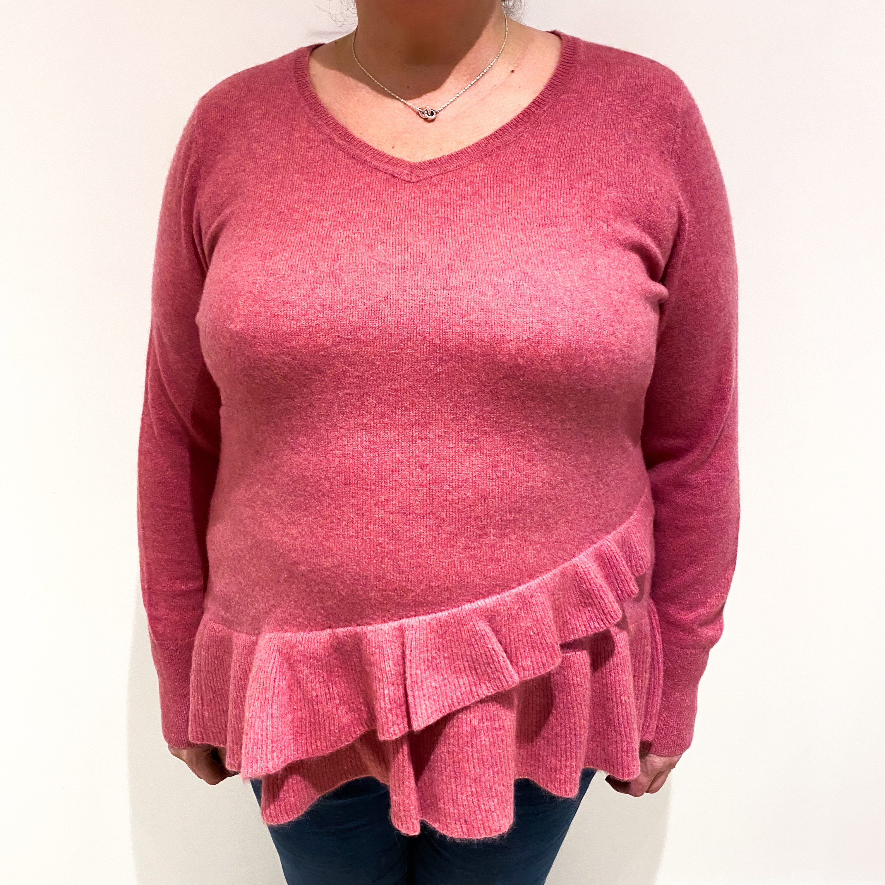 Muted Raspberry Pink Cashmere Ruffle V Neck Jumper Extra Large