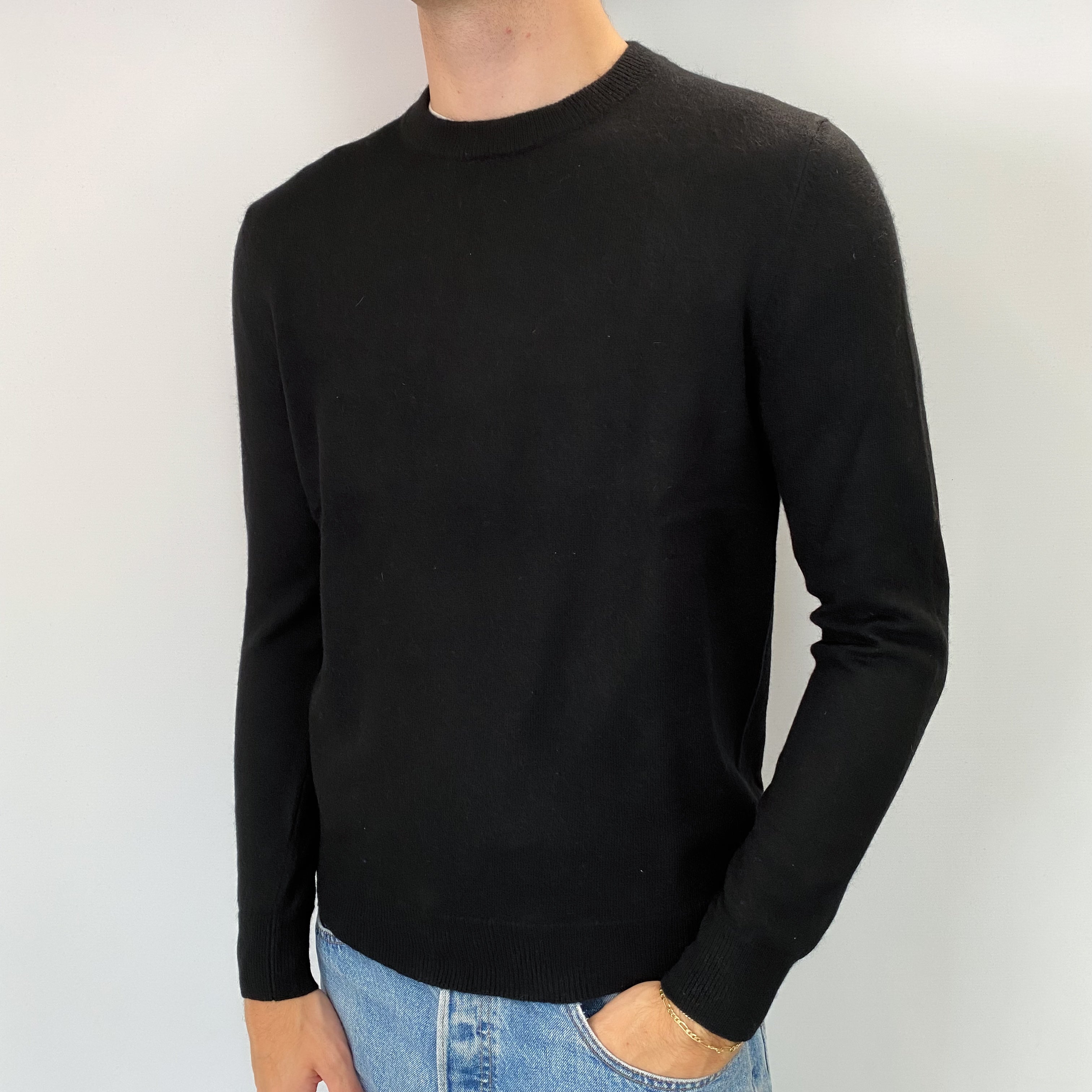 Men's Black Cashmere Crew Neck Jumper Medium
