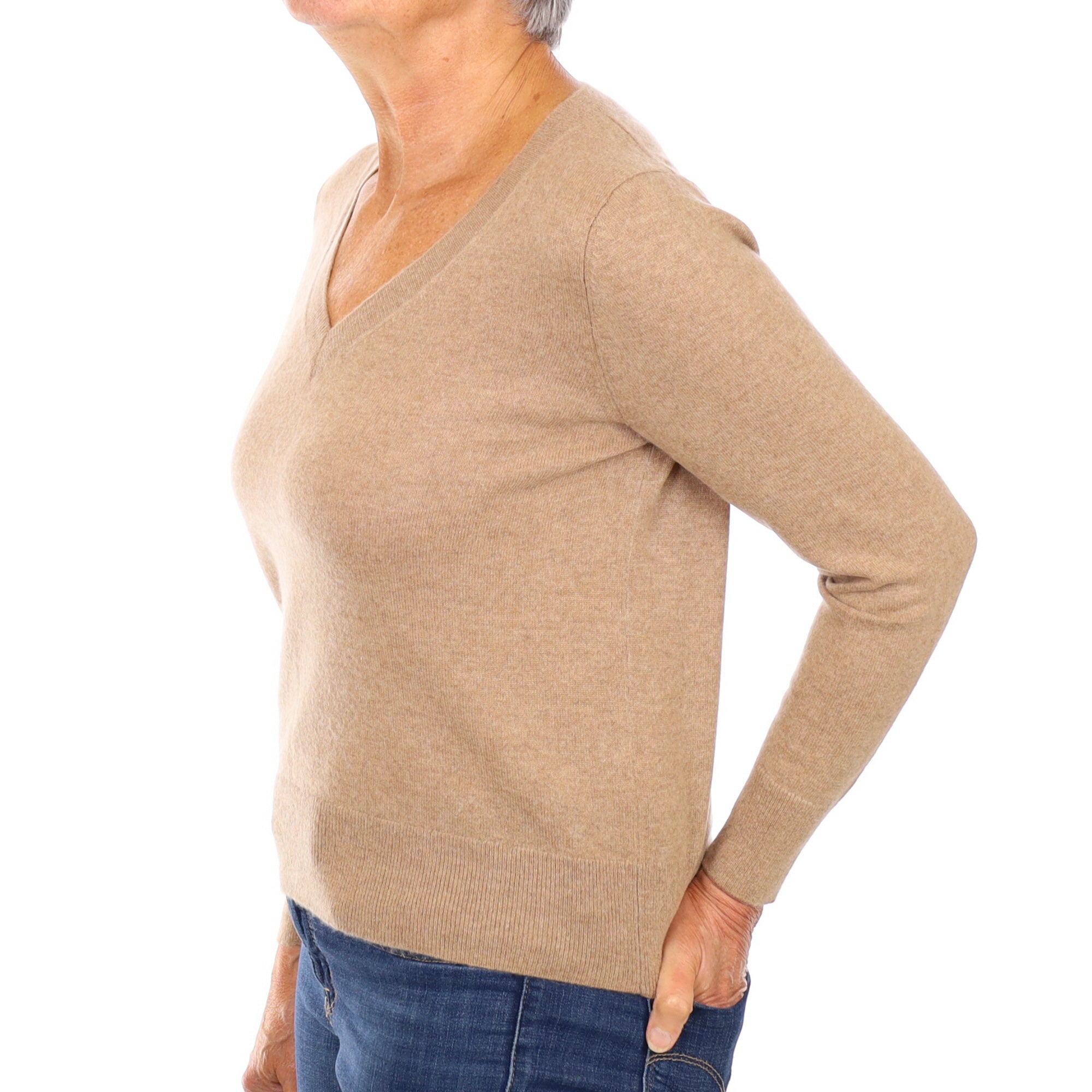 Camel Brown Cashmere V Neck Jumper Medium