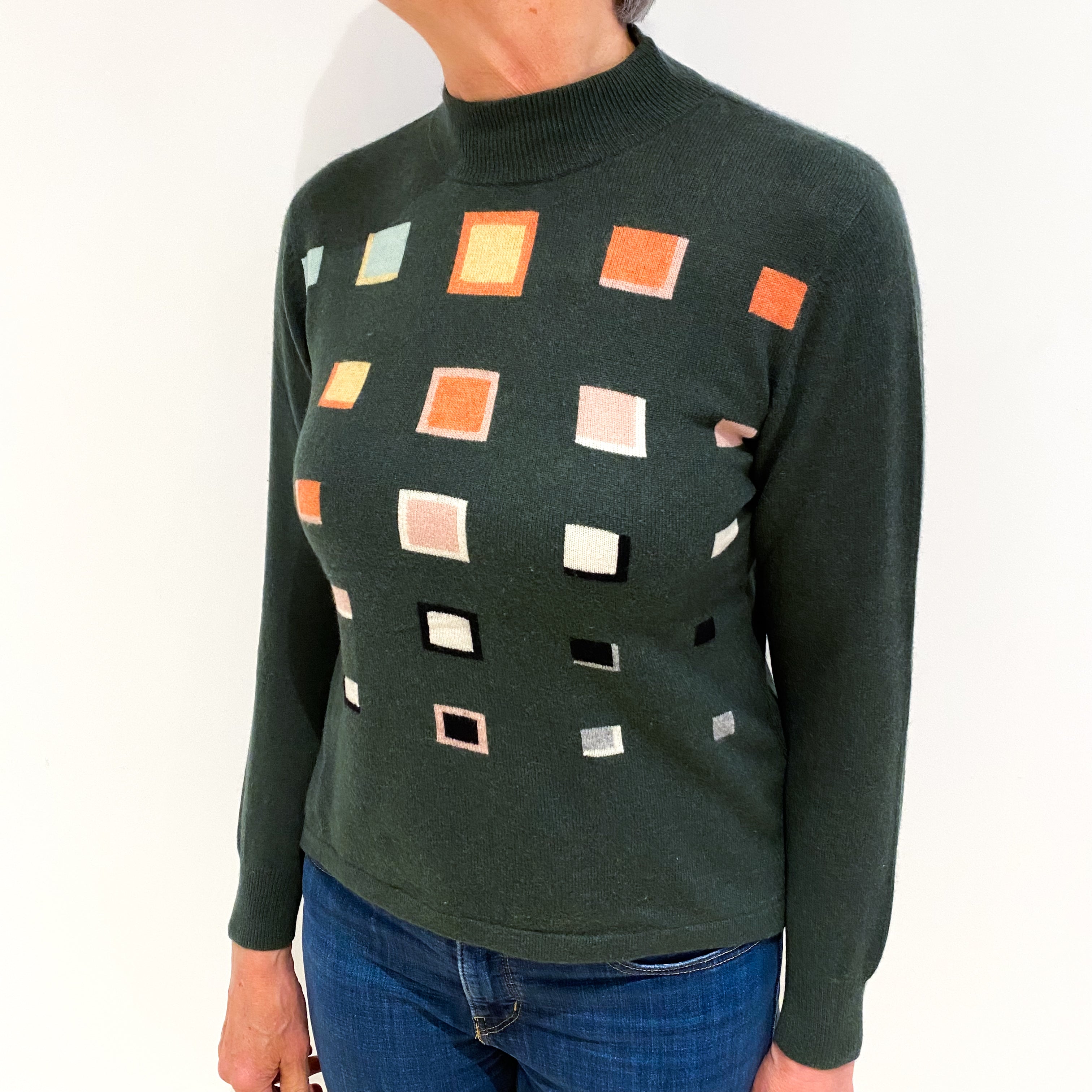 Seaweed Green Patterned Cashmere Turtle Neck Jumper Medium