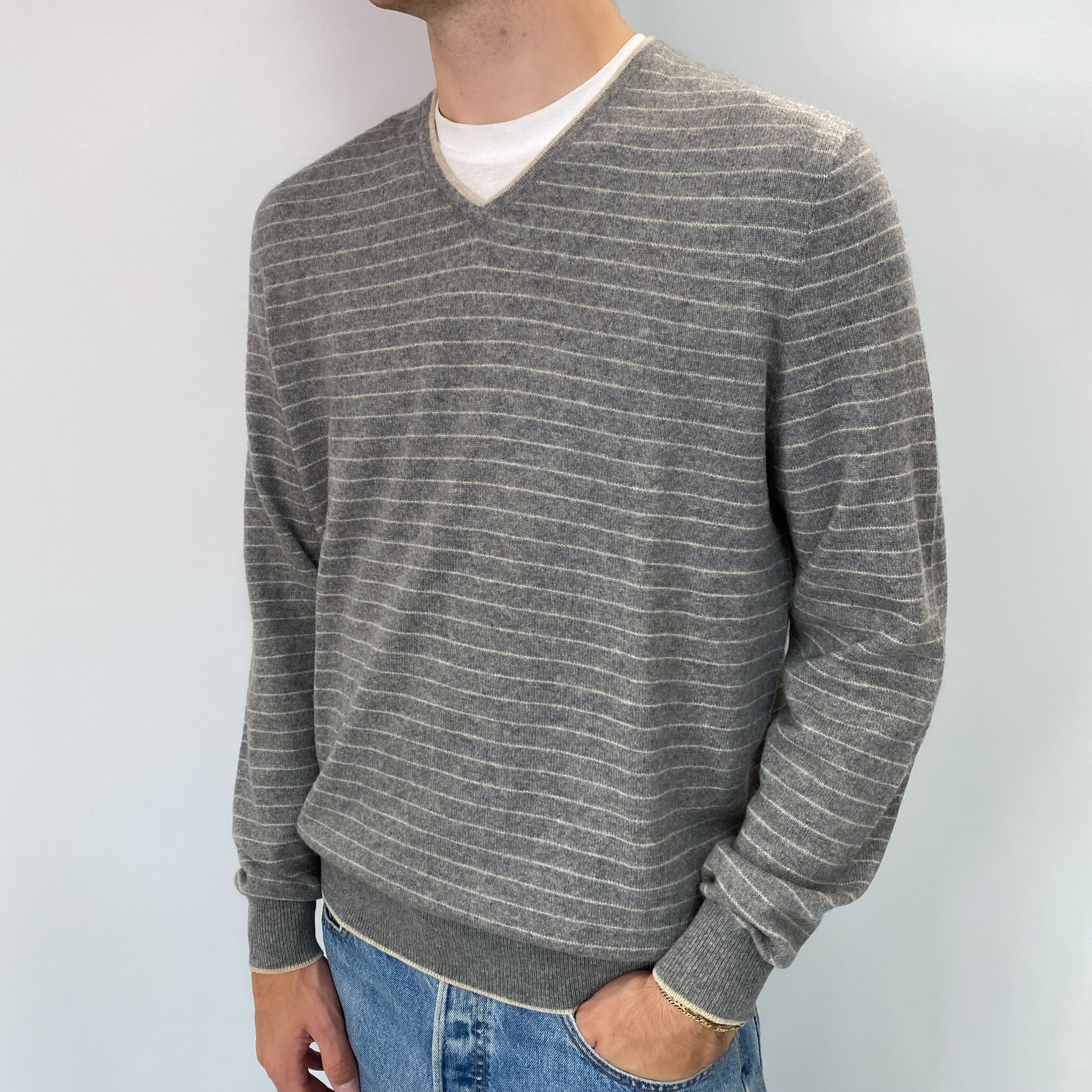 Men's Grey Striped Cashmere V Neck Jumper Large