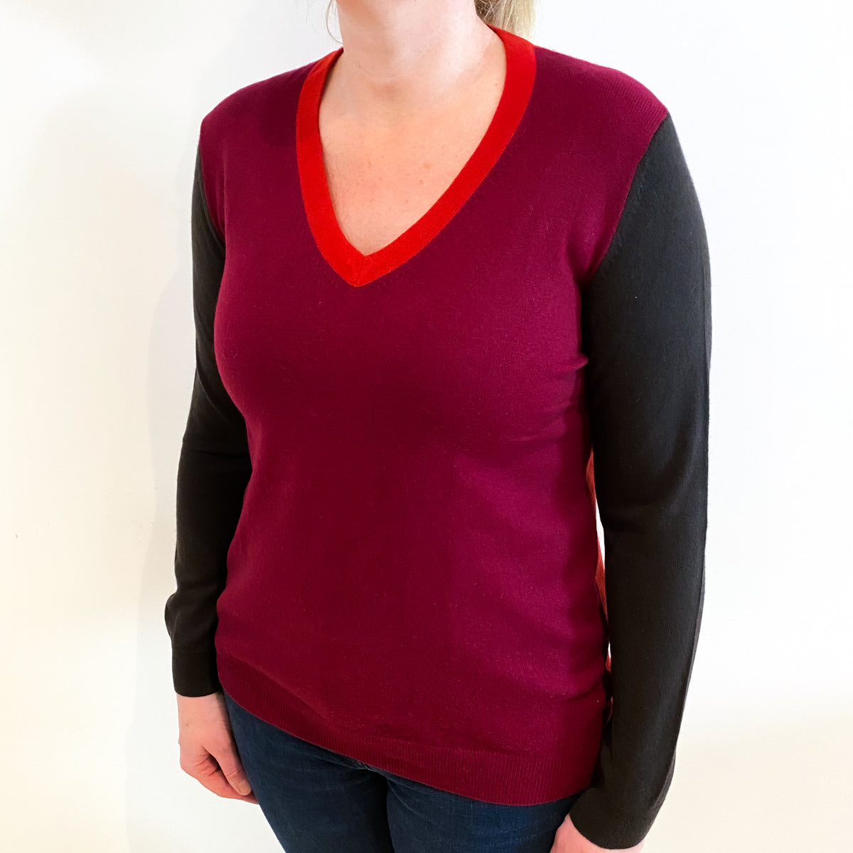 Burgundy Red, Chocolate and Red Cashmere V Neck Jumper Large