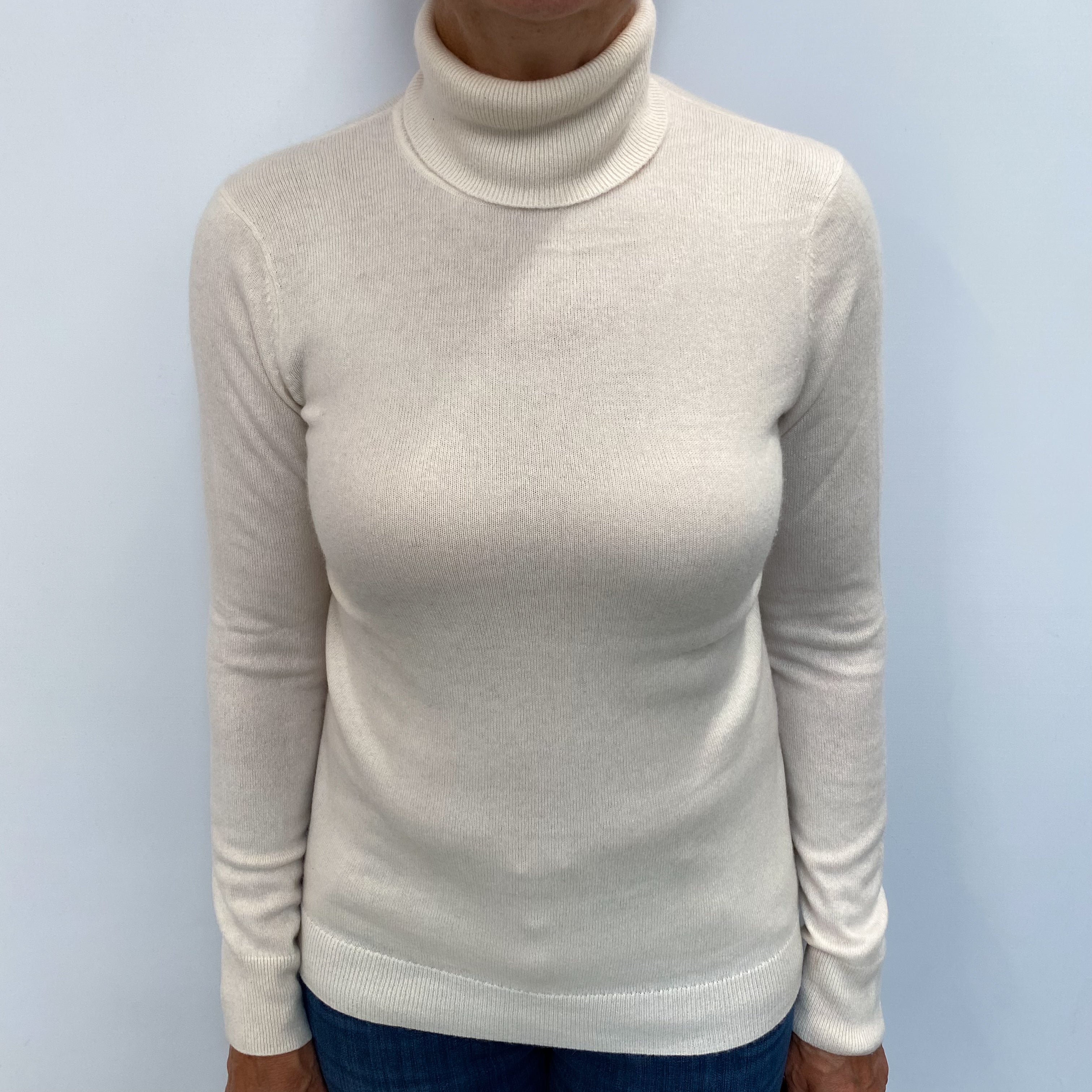Ivory Cream Cashmere Polo Neck Jumper Medium