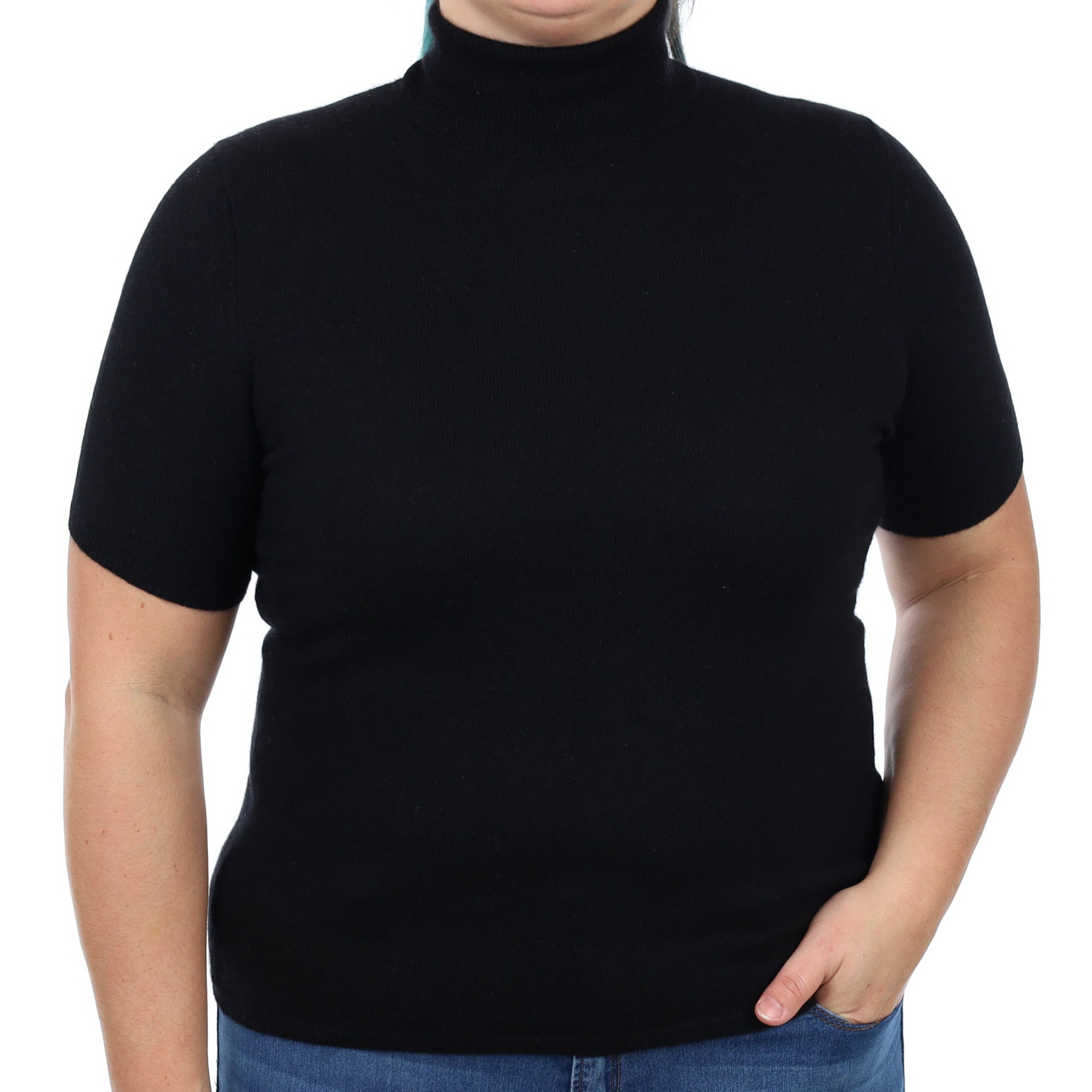 Black Cashmere Short Sleeve Polo Neck Jumper Large