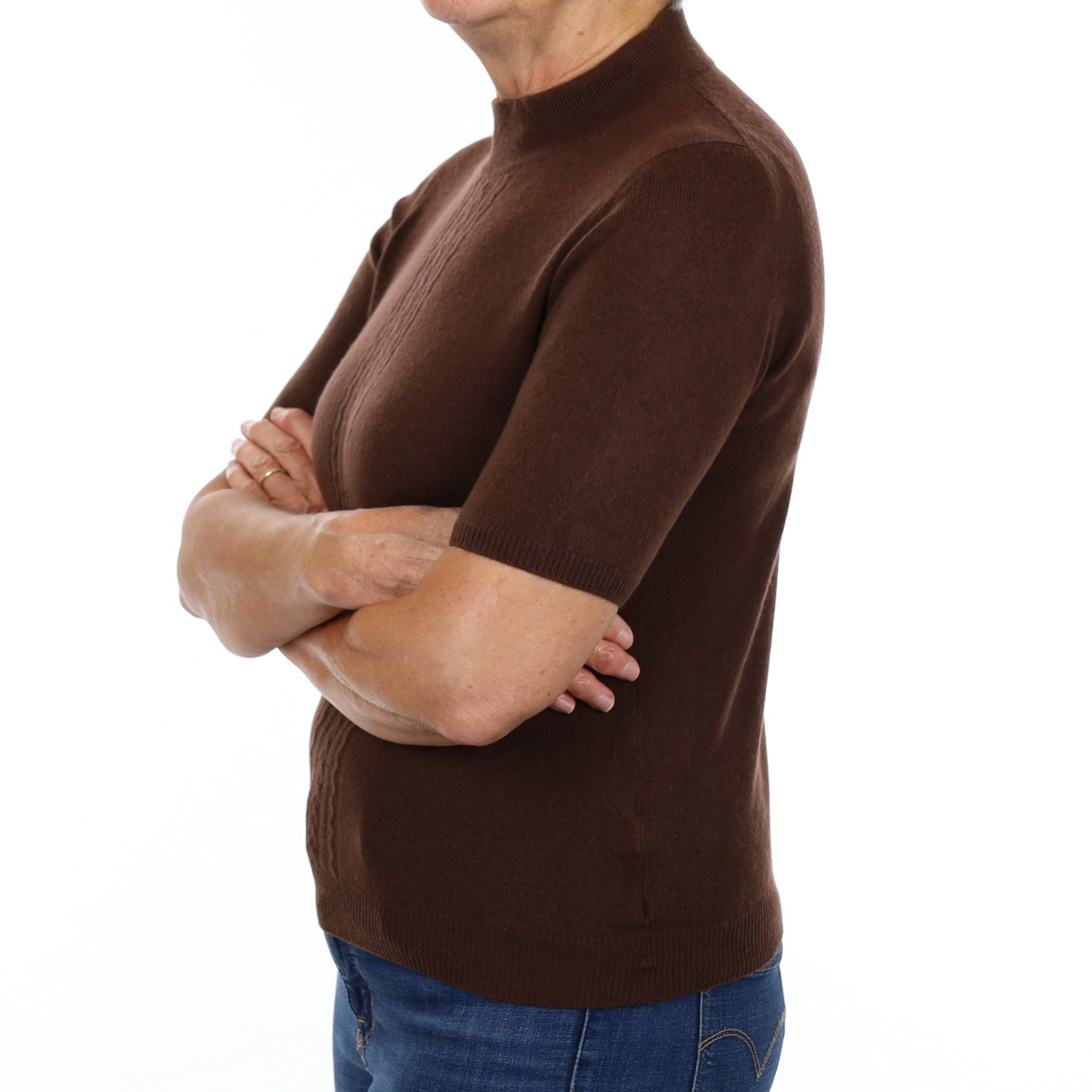 Chocolate Brown Cashmere Turtle Neck Short Sleeve Jumper Medium