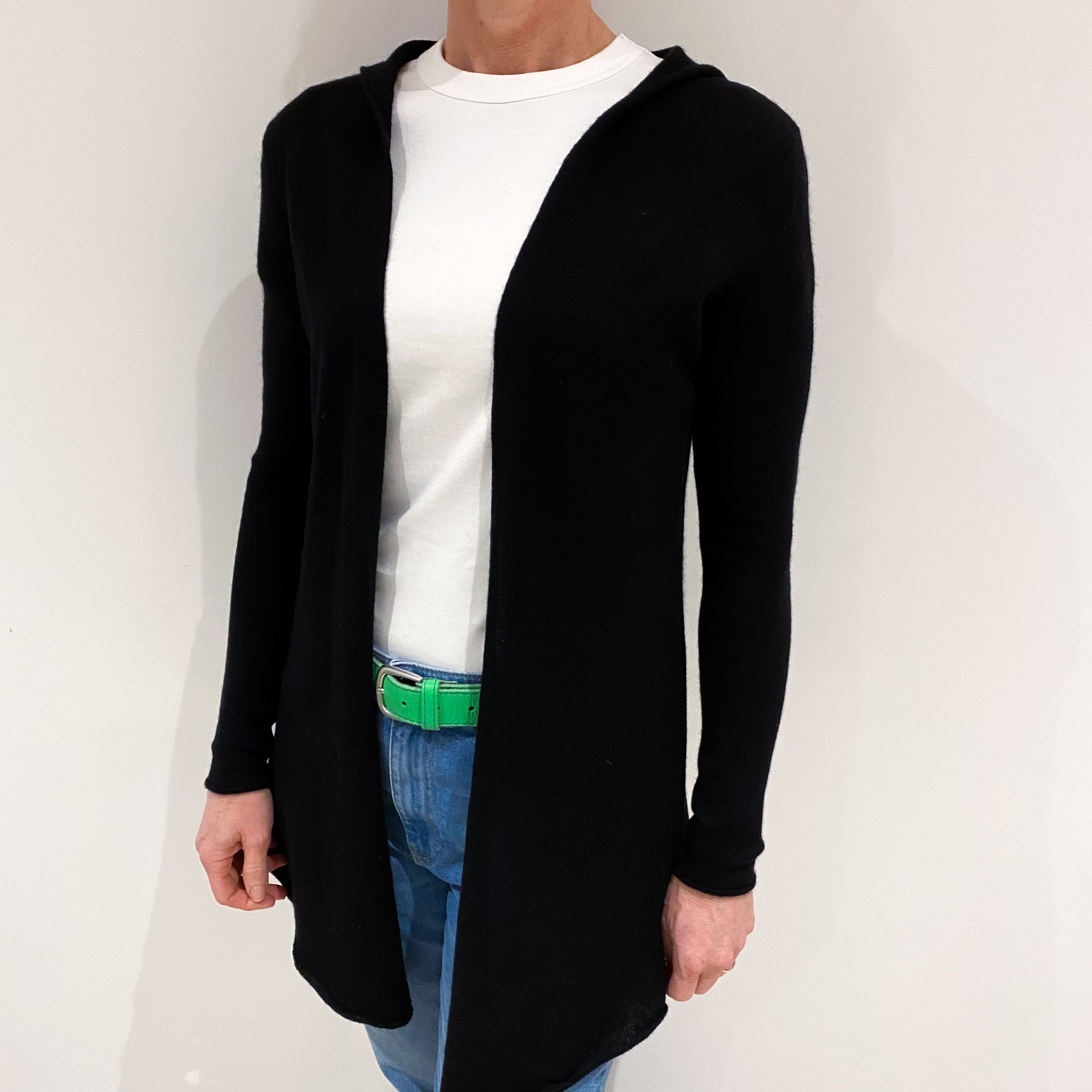 Black Cashmere Edge to Edge Cardigan with Hood Small
