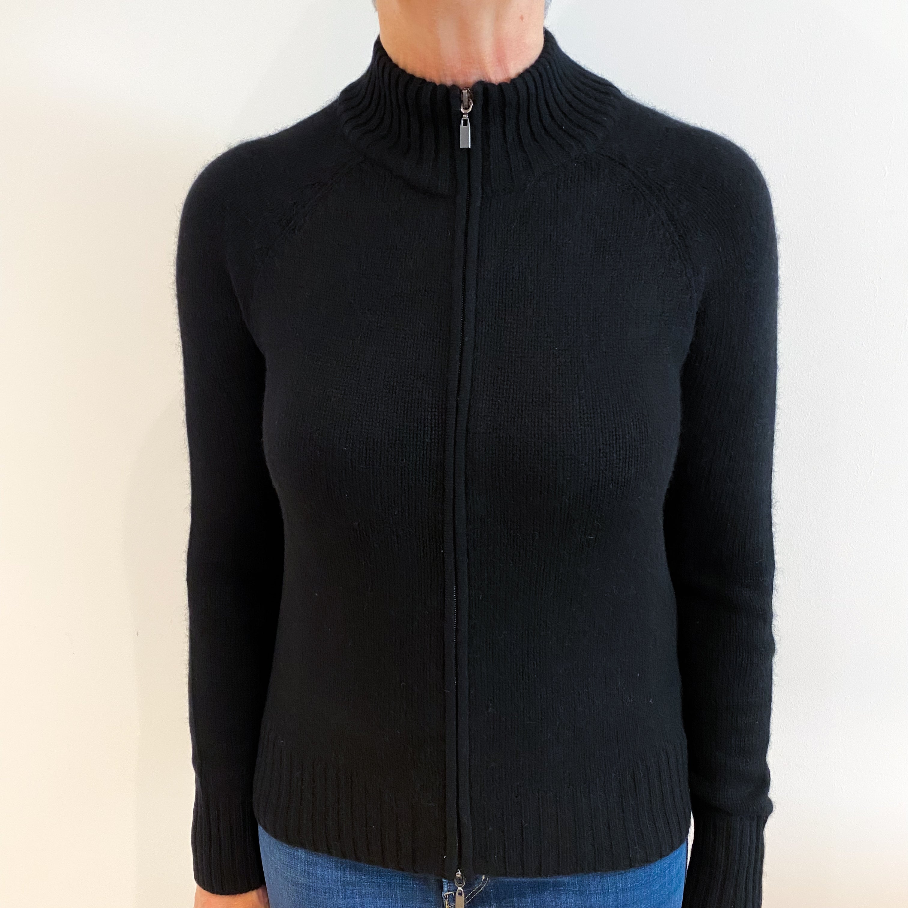 Black Cashmere Turtle Neck Zip Up Cardigan Medium