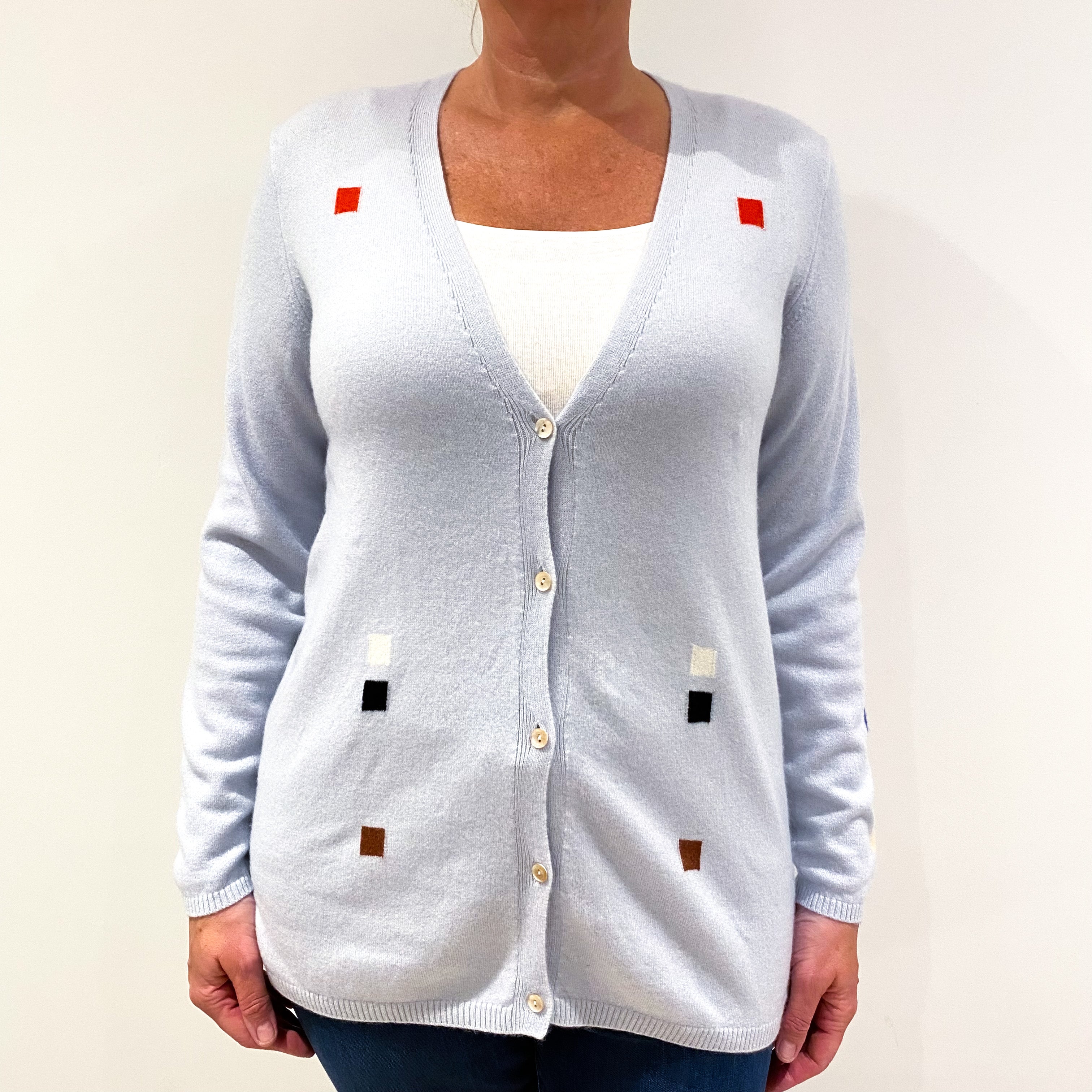 Opal Blue with Squares Cashmere Cardigan Large