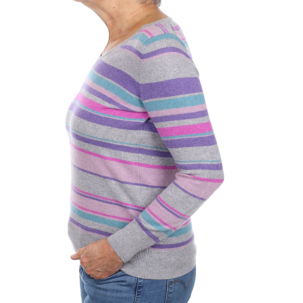 Grey and Purple Stripe Cashmere V Neck Jumper Medium