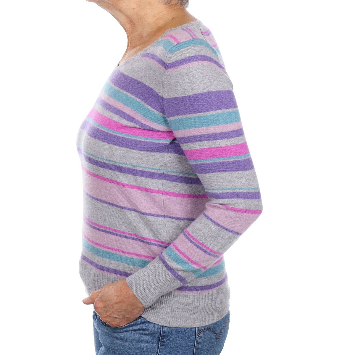 Grey and Purple Stripe Cashmere V Neck Jumper Medium