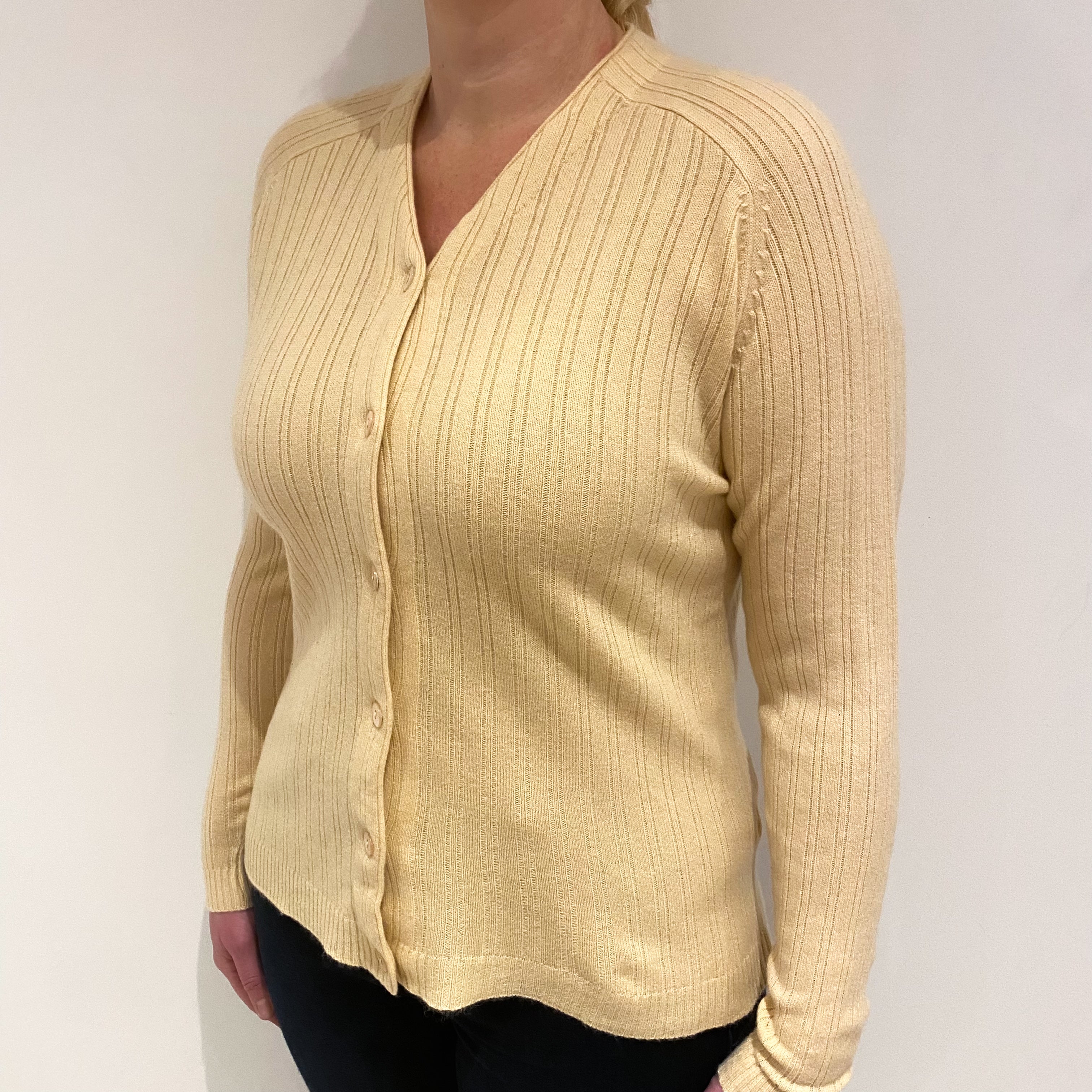 Honey Beige Ribbed Cashmere V Cardigan Large