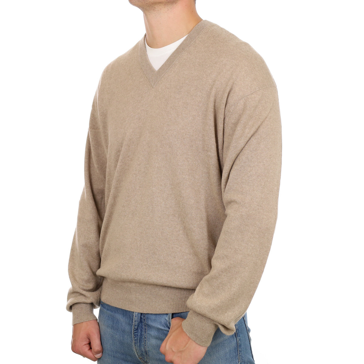 Men's Fawn Beige Cashmere V Neck Jumper XL