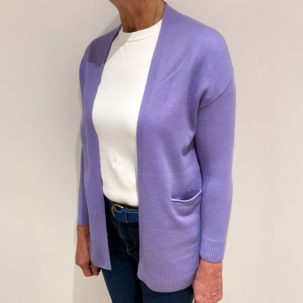 Lavender Purple Cashmere Edge to Edge Cardigan with Front Pockets Medium