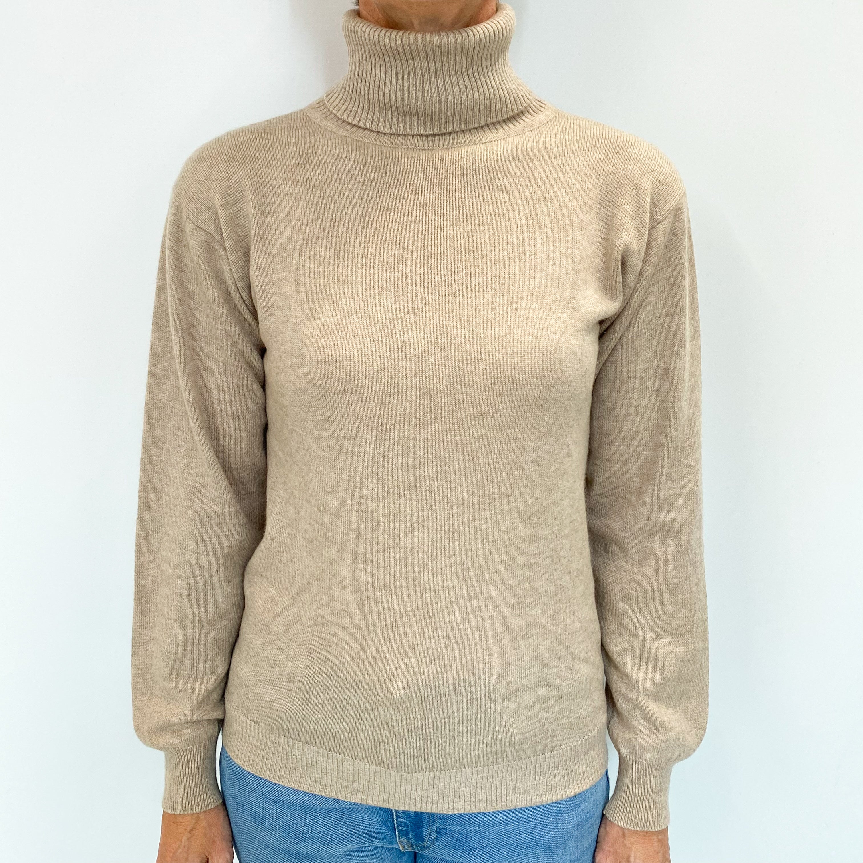 Oatmeal Beige Cashmere Polo Neck Jumper Small