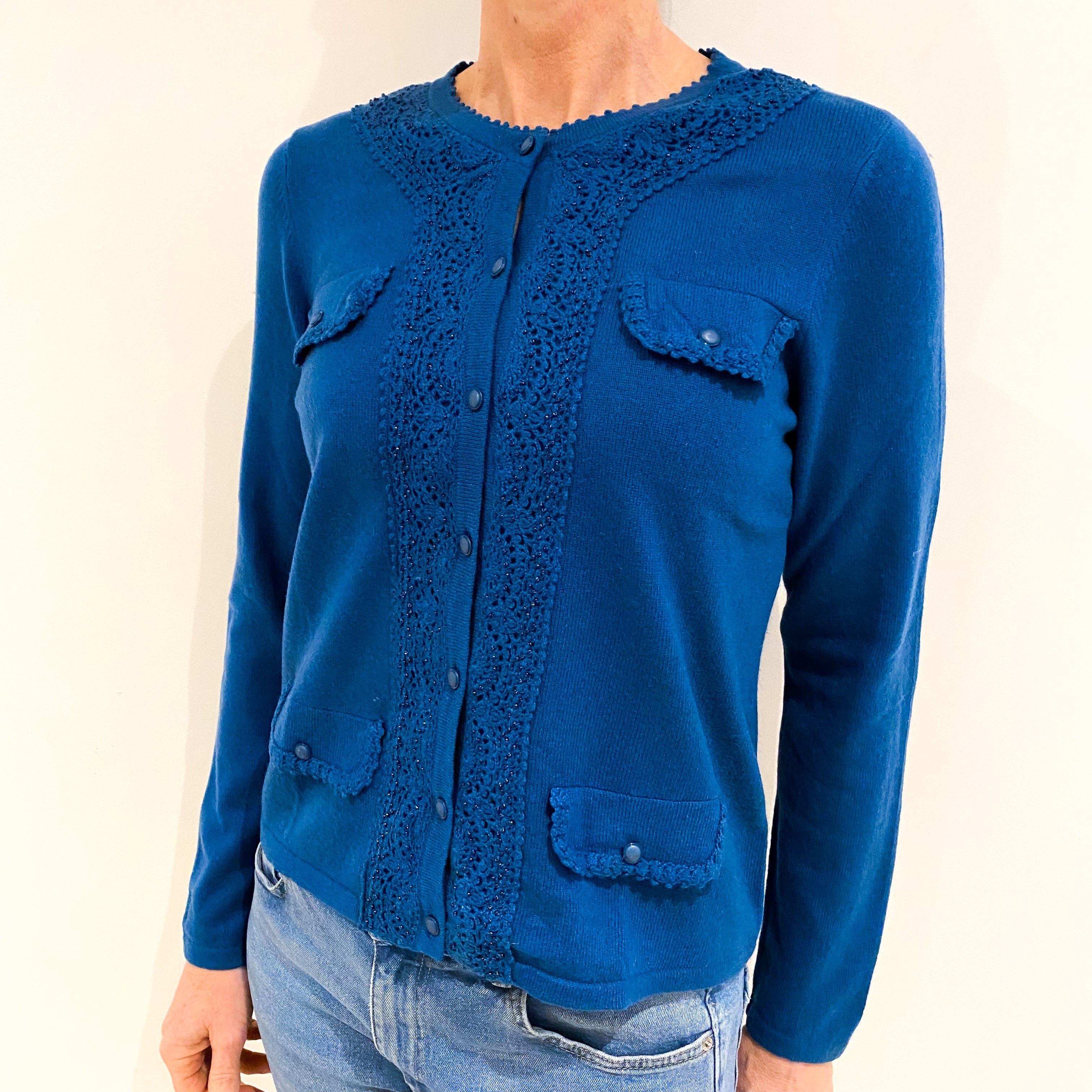 Deep Sea Blue Beaded Cashmere Crew Neck Cardigan Small