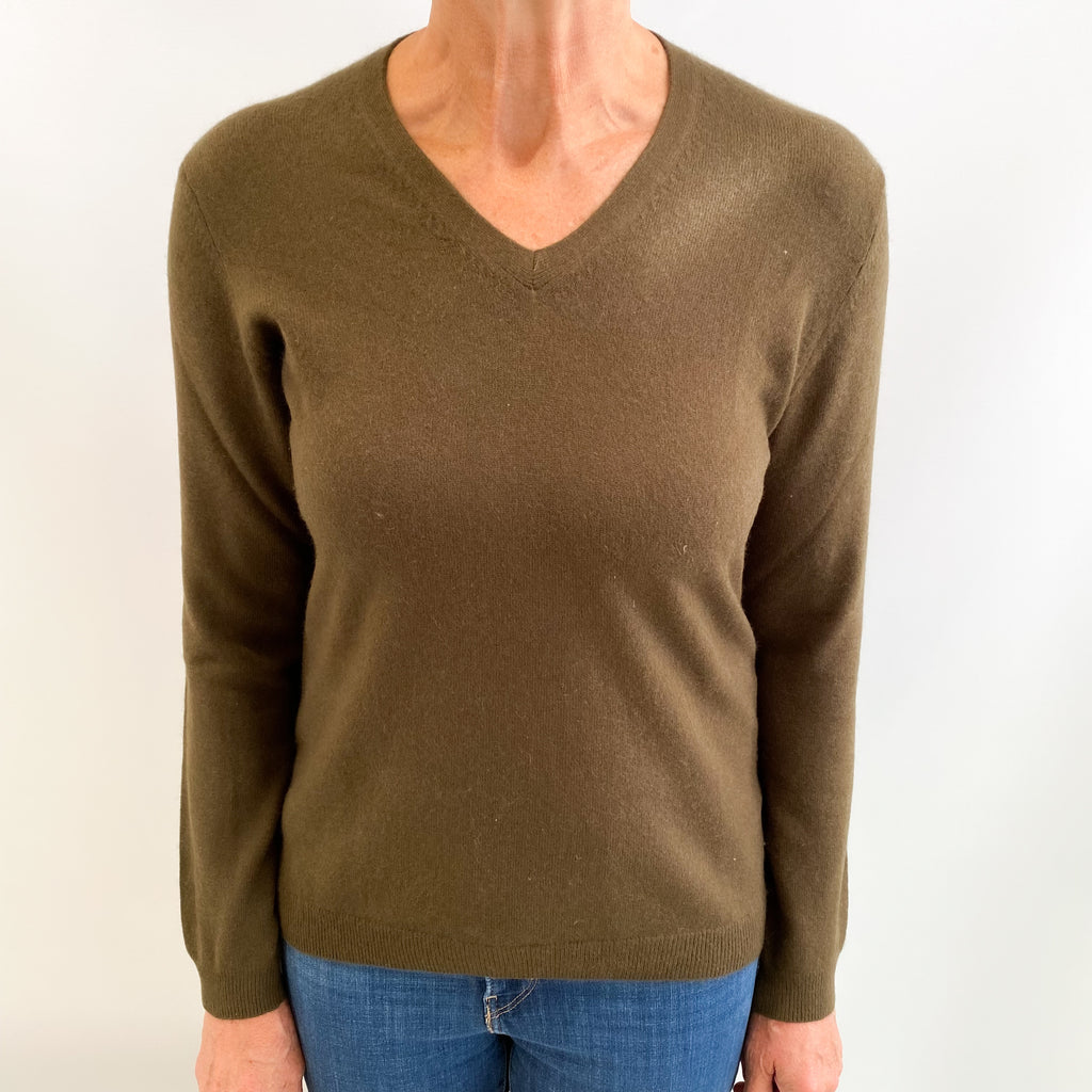 Army Green Cashmere V Neck Jumper Medium