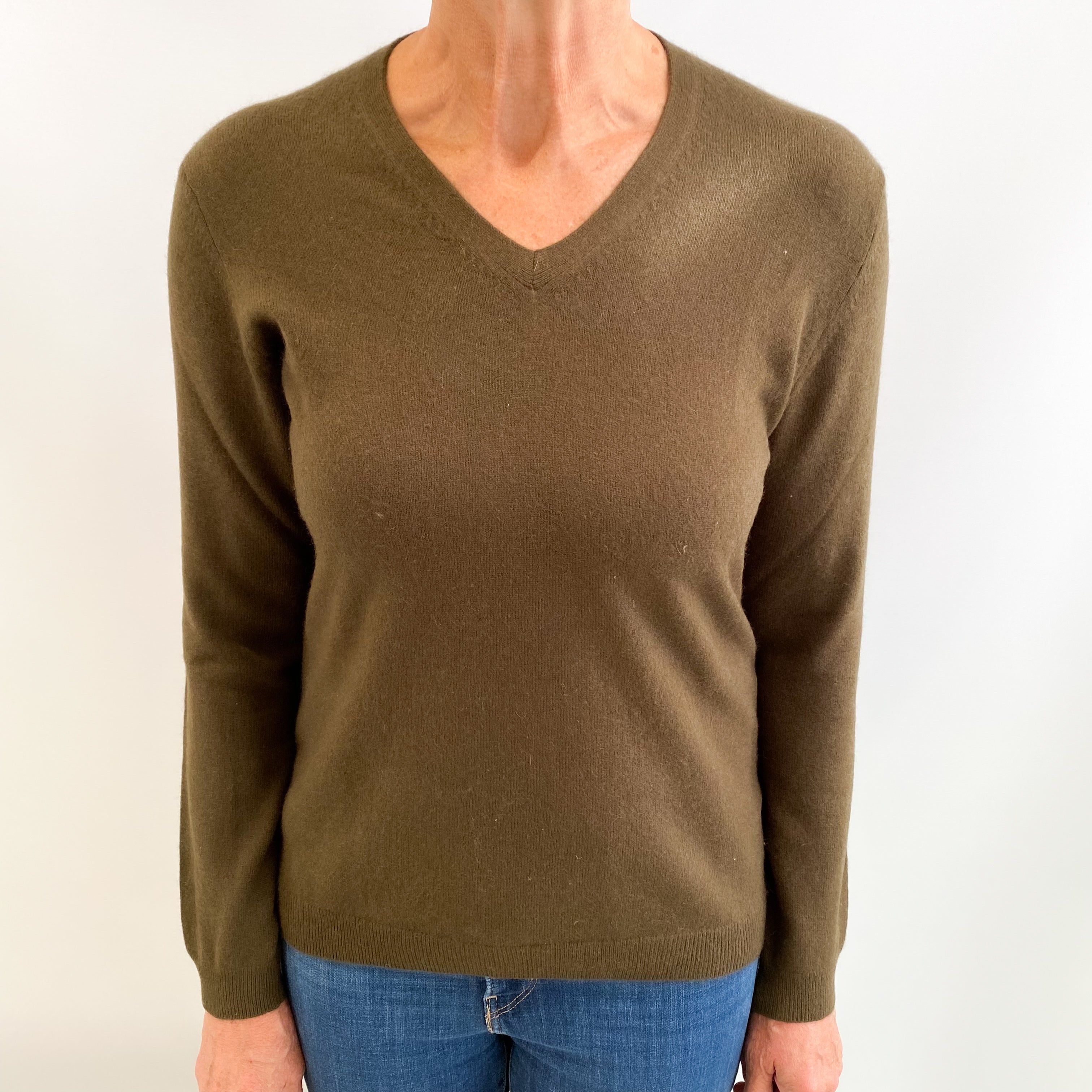 Army Green Cashmere V Neck Jumper Medium
