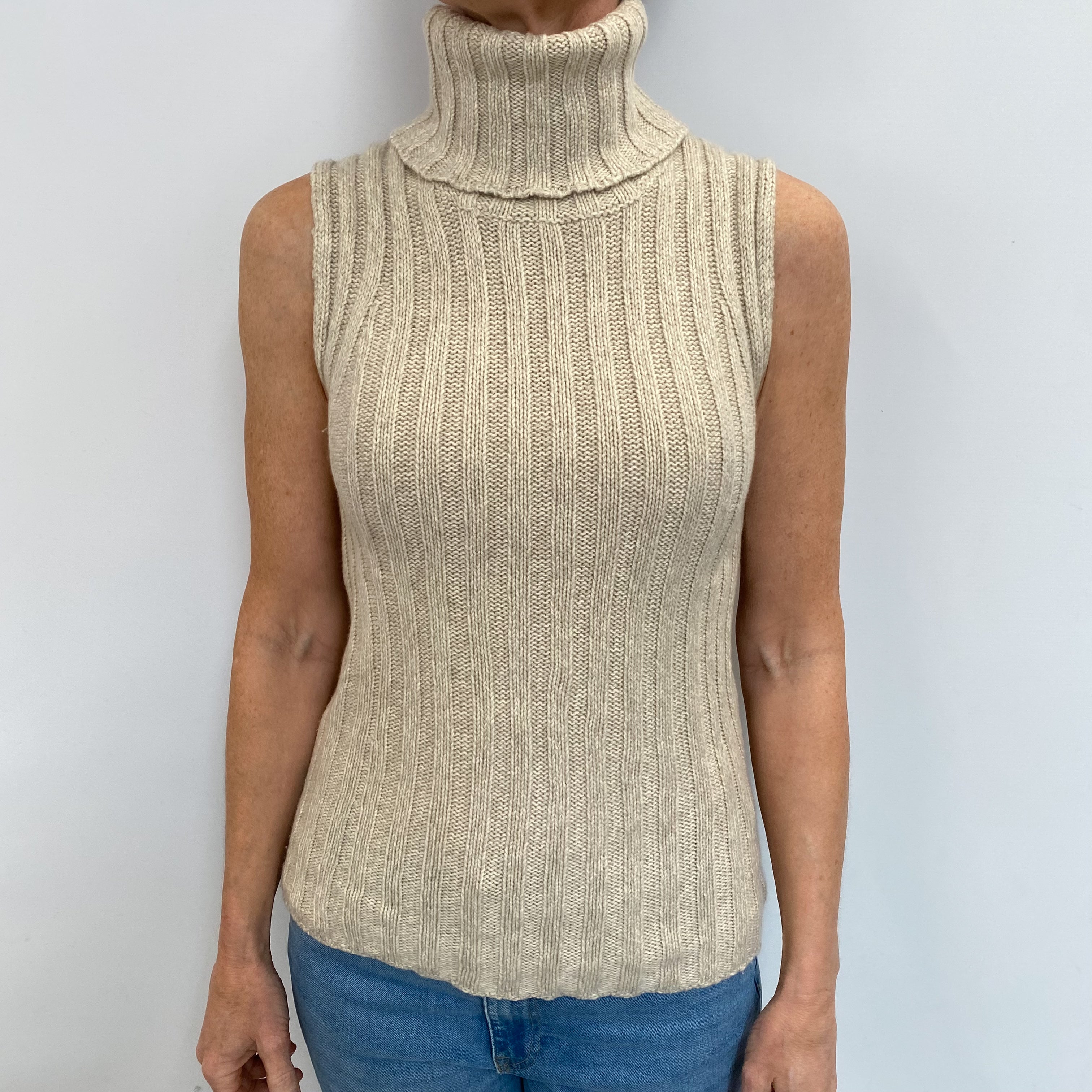 Theory Oatmeal Cashmere Sleeveless Crew Neck Jumper Small