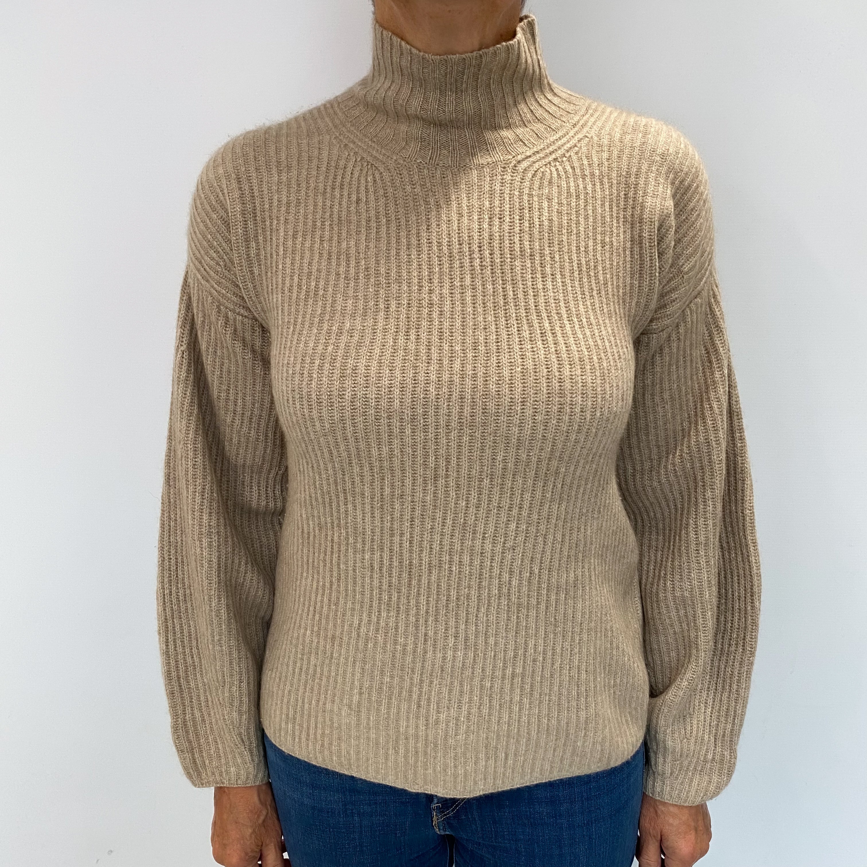 Biscuit Brown Rib Cashmere Turtle Neck Jumper Medium