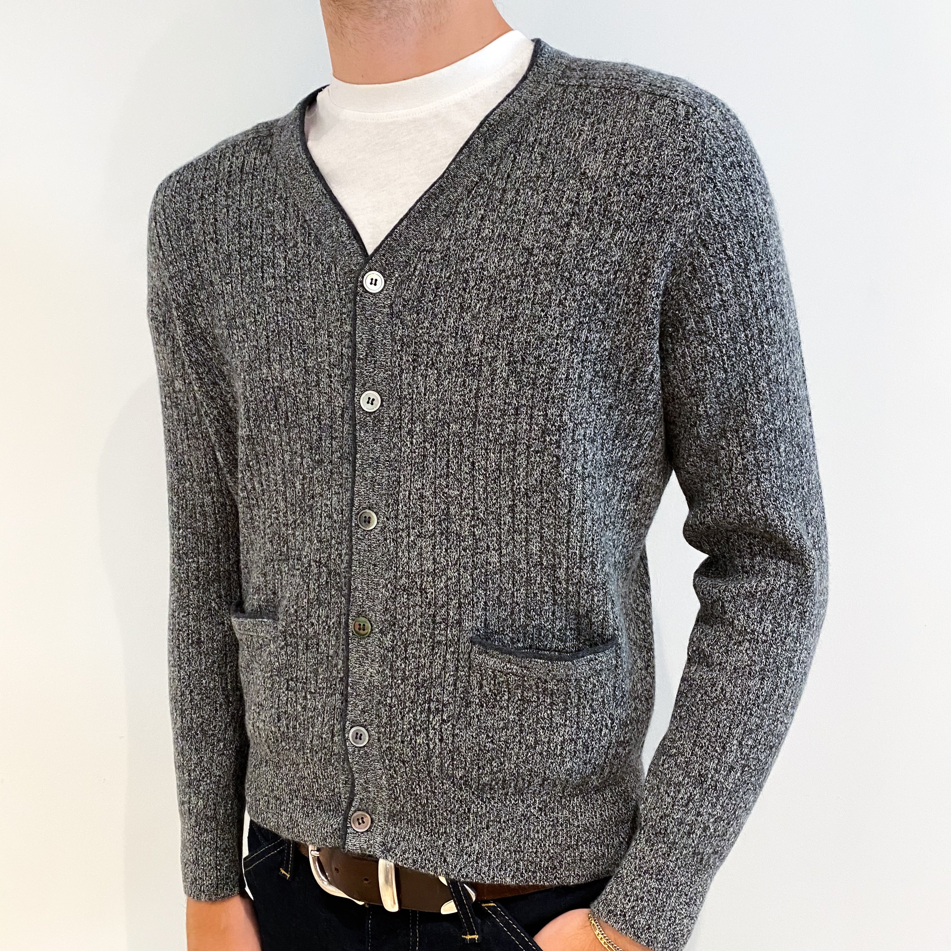 Men's Grey Marl Cashmere V-Neck Cardigan Medium