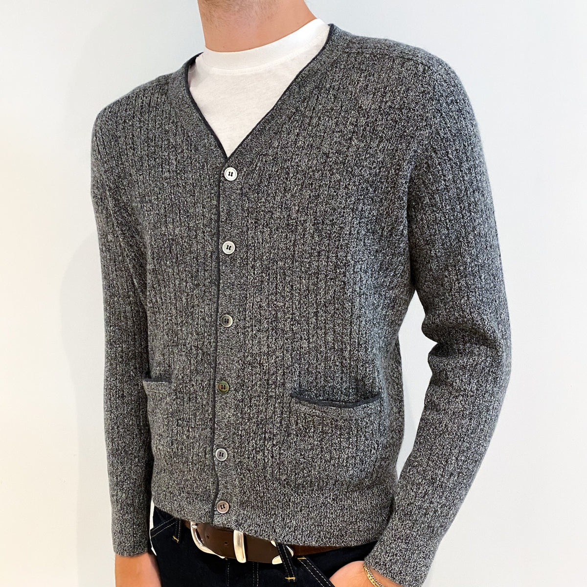 Men's Grey Marl Cashmere V-Neck Cardigan Medium