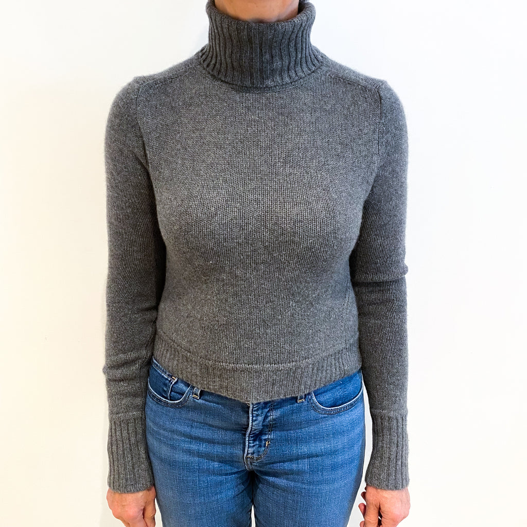 Slate Grey Cashmere Polo Neck Cropped Style Jumper Medium
