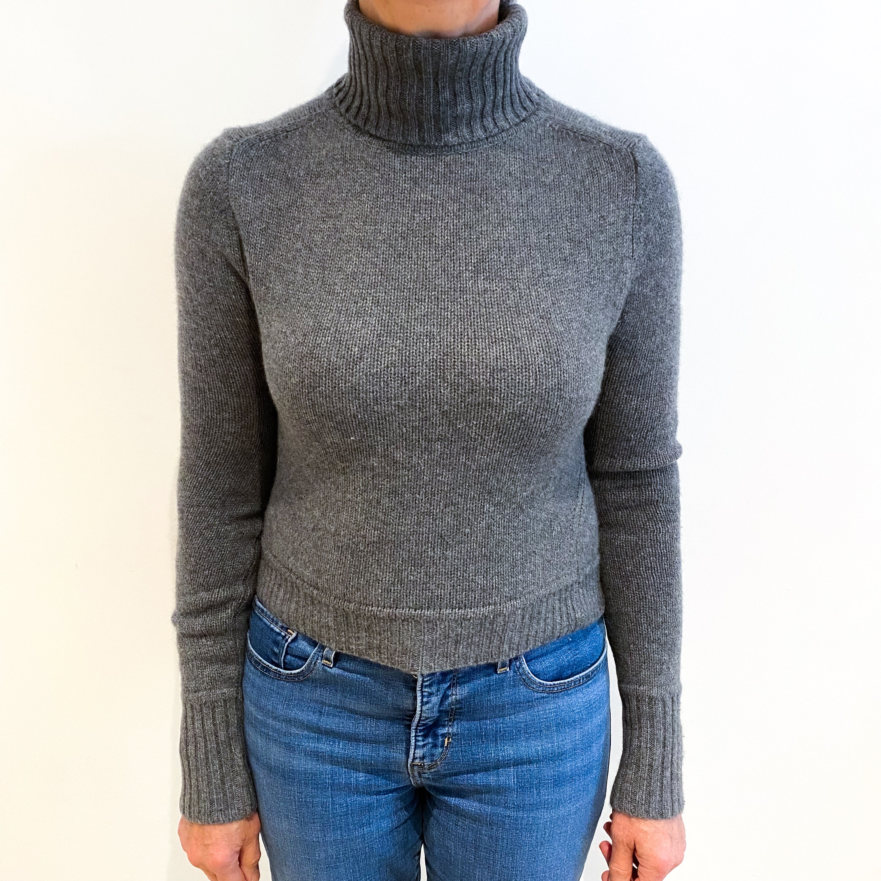 Slate Grey Cashmere Polo Neck Cropped Style Jumper Medium