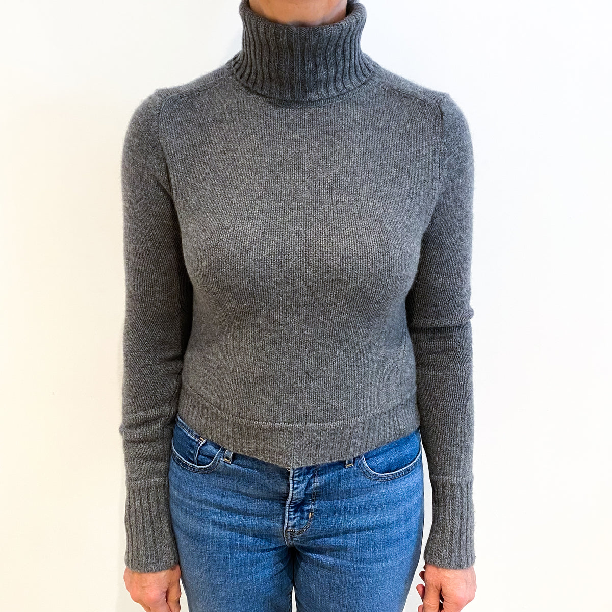 Slate Grey Cashmere Polo Neck Cropped Style Jumper Medium