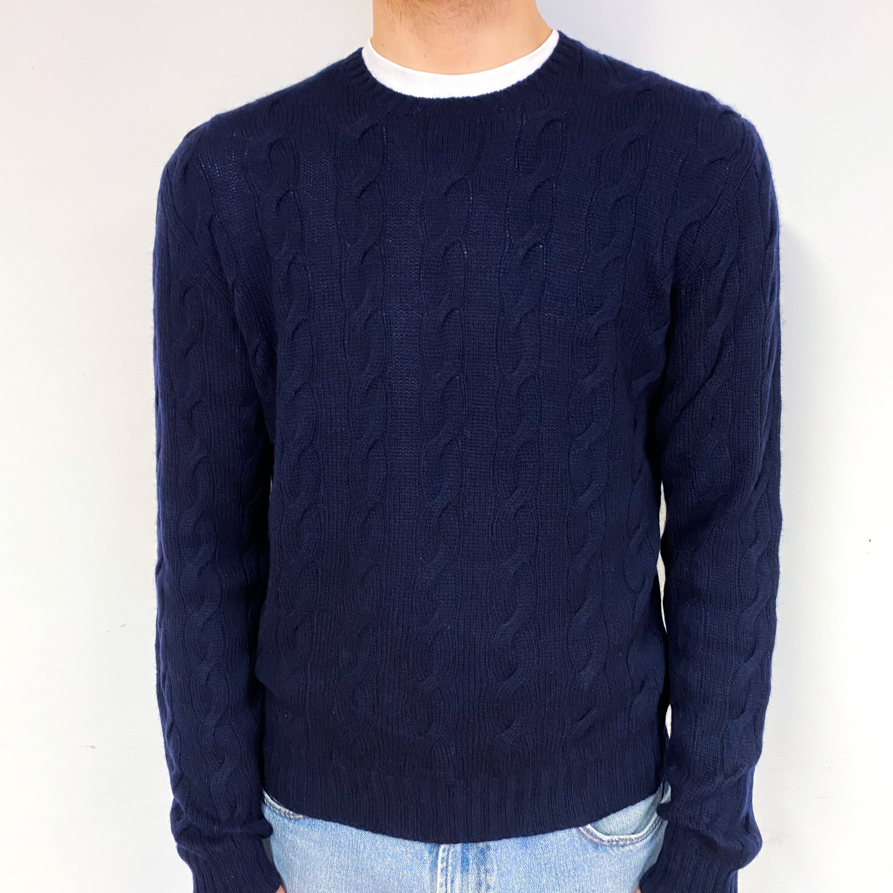 Men's Ralph Lauren Navy Cable Cashmere Crew Neck Jumper Large