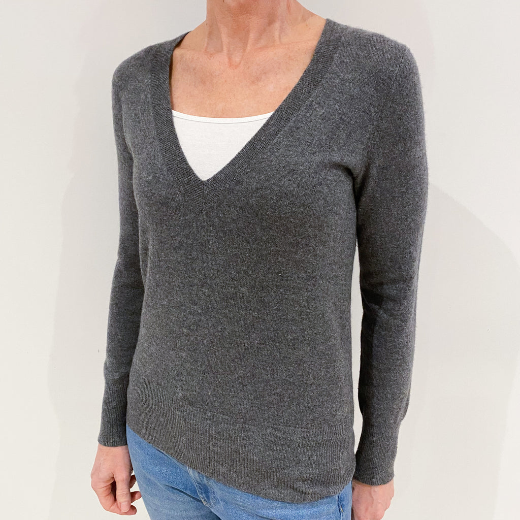 Slate Grey Cashmere Deep V Neck Jumper Small