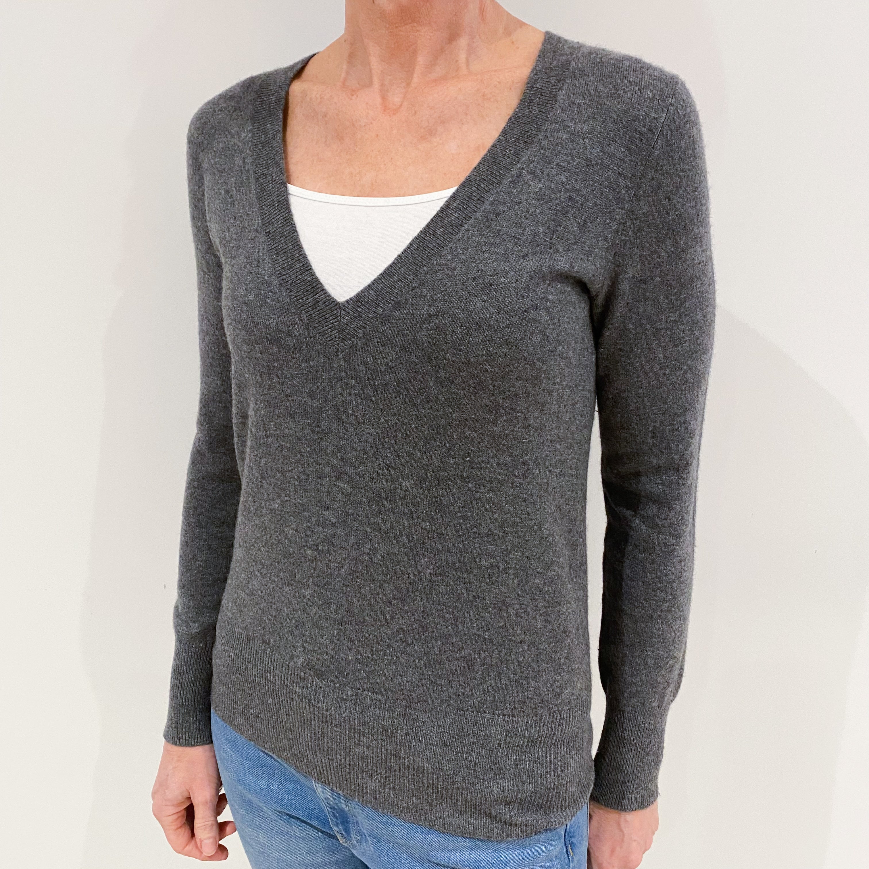 Slate Grey Cashmere Deep V Neck Jumper Small