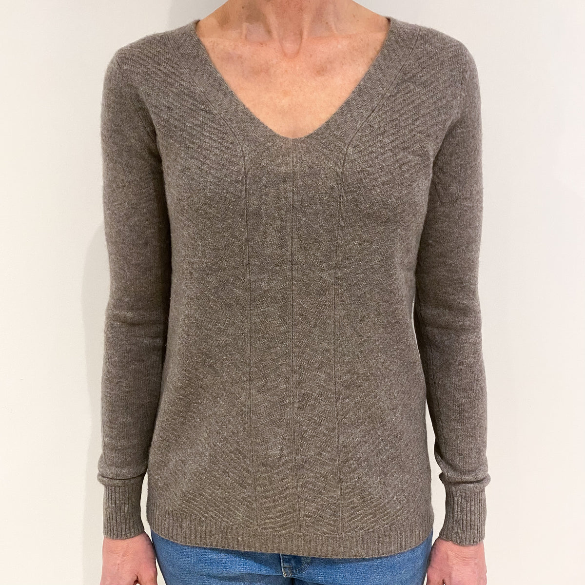 Taupe Brown Textured Knit Cashmere V Neck Jumper Small