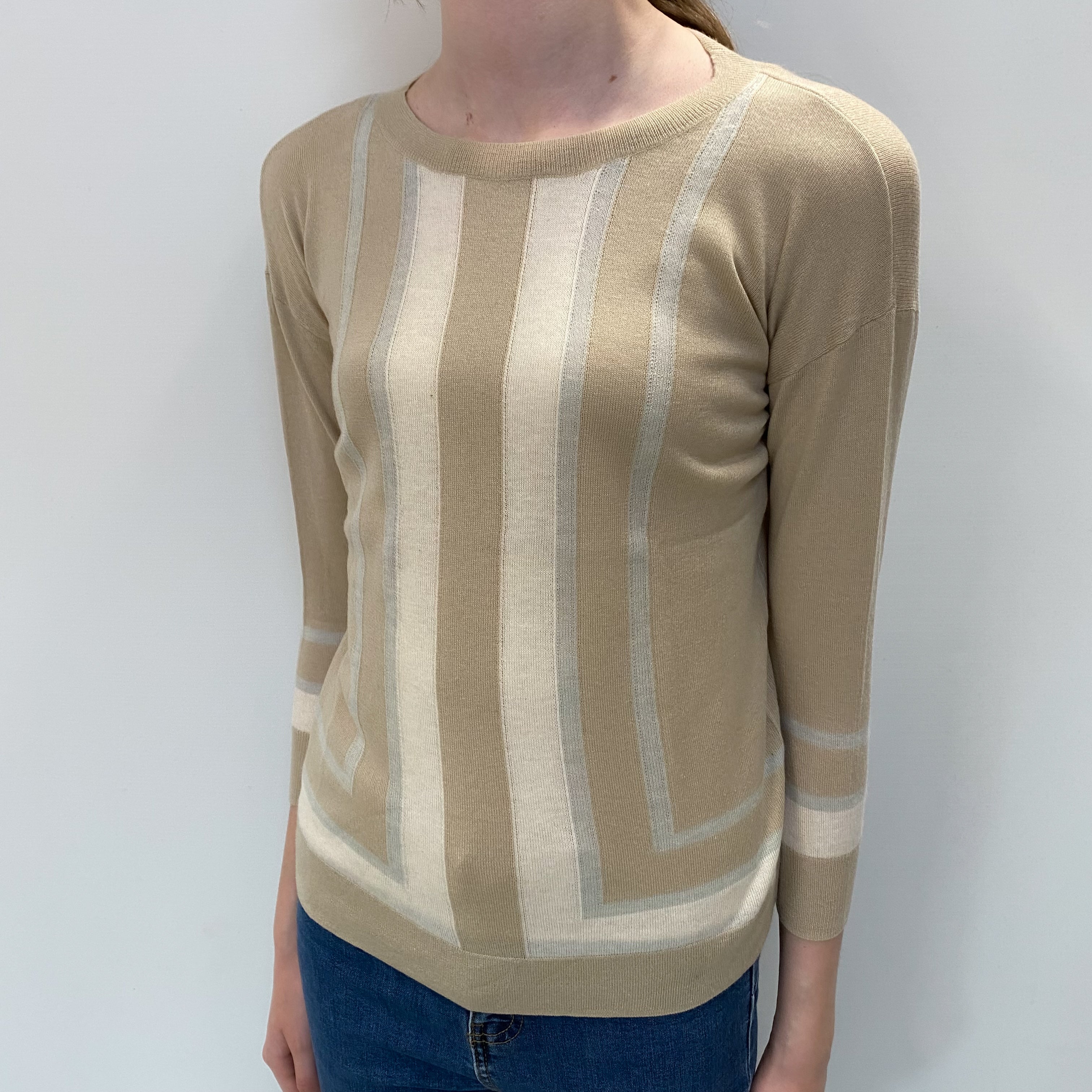 Beige Striped Cashmere Crew Neck Jumper Extra Small