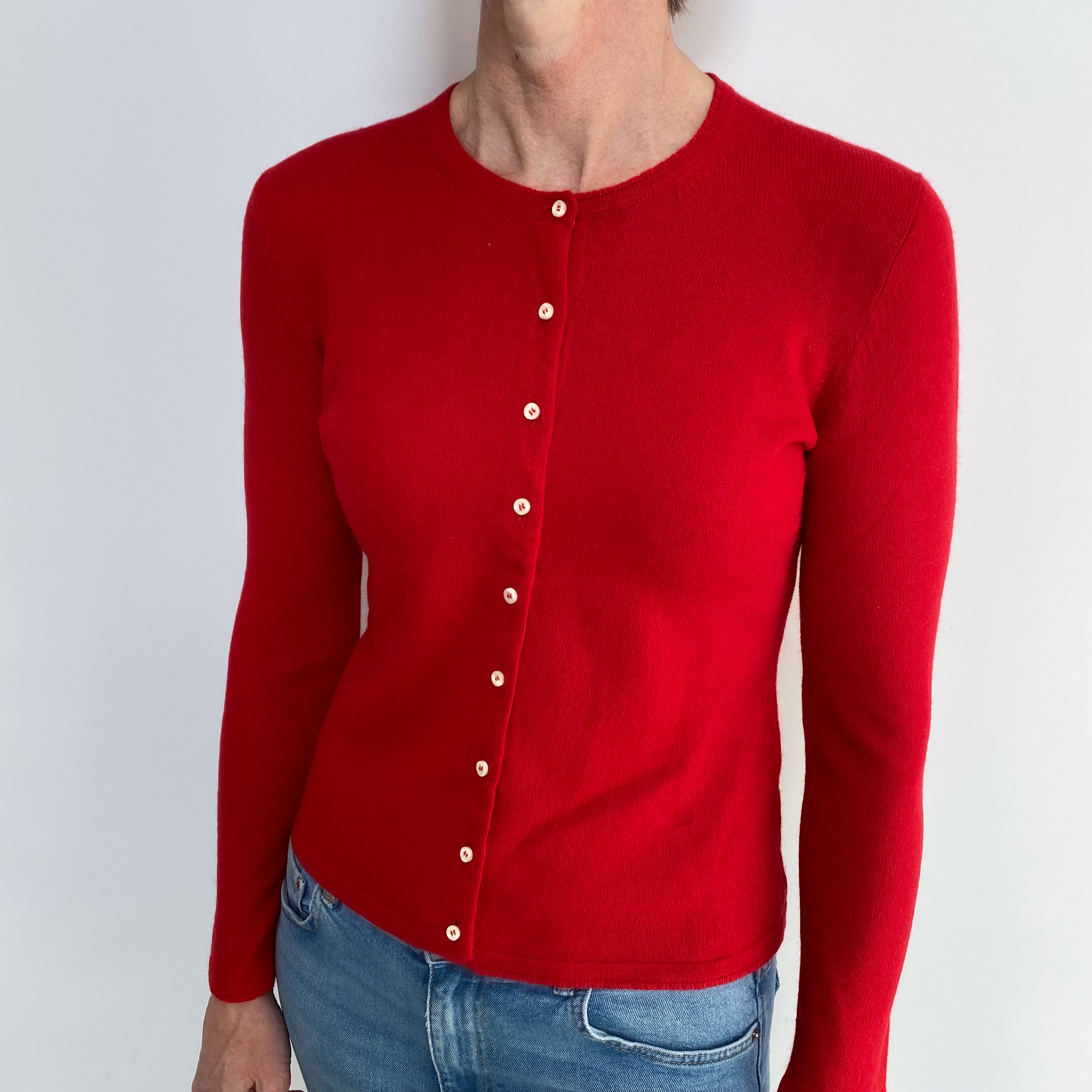 Scarlet Red Cashmere Crew Neck Cardigan Small
