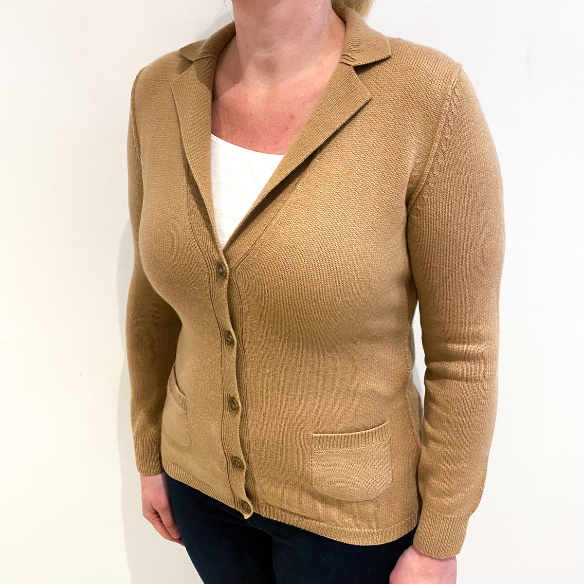 Caramel Brown Cashmere Collared V Neck Cardigan Large