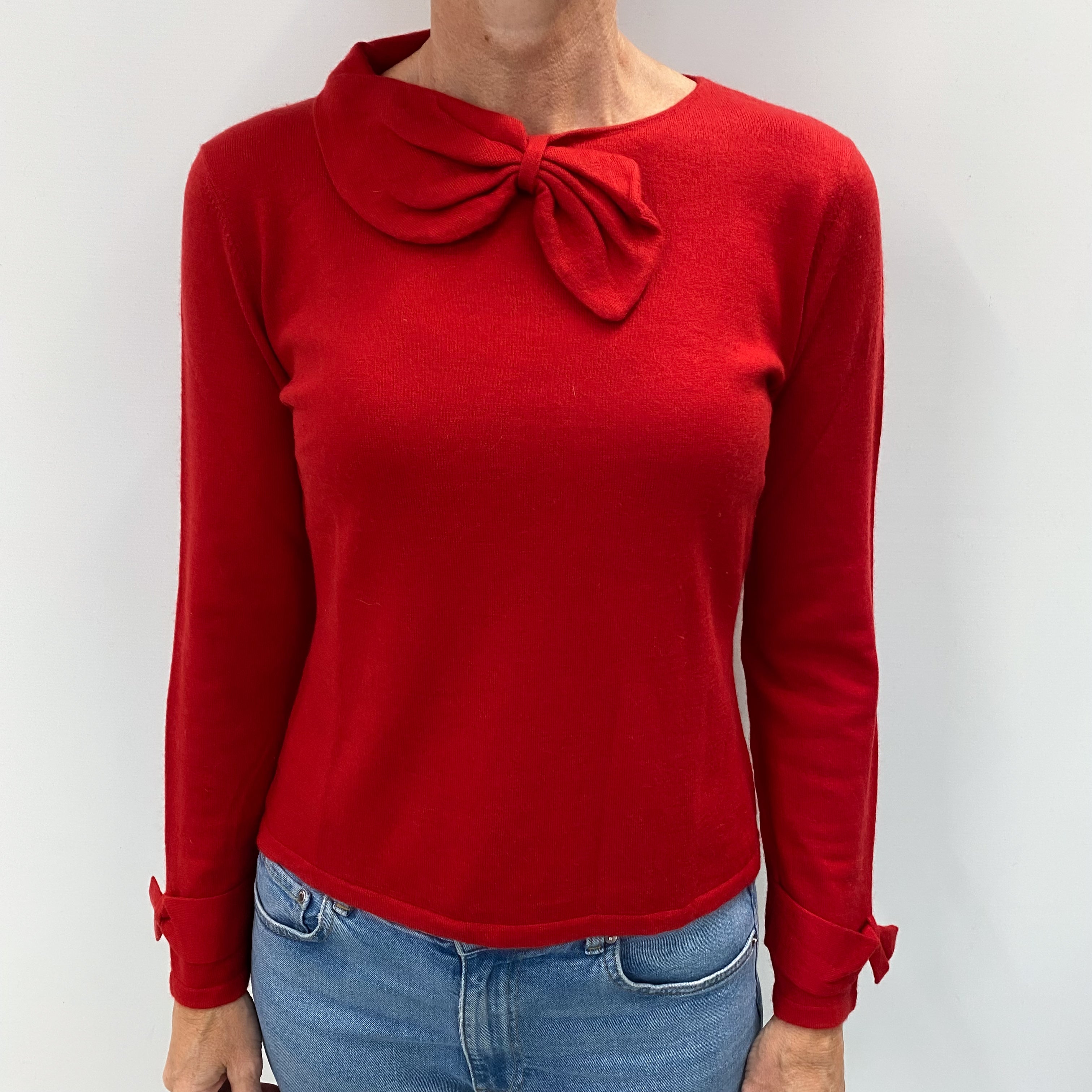 Scarlet Red Bow Detail Cashmere Crew Neck Jumper Small