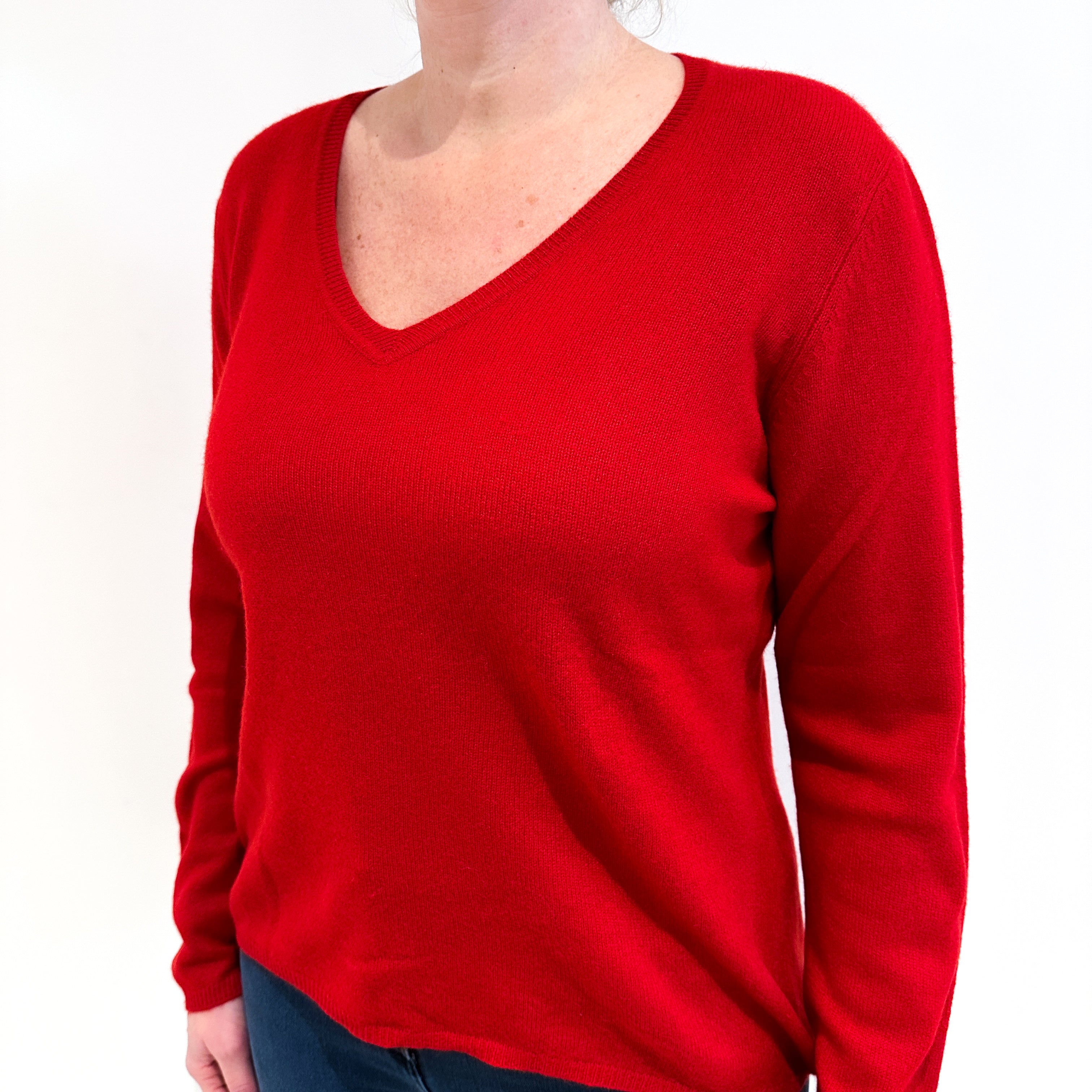 Post Box Red Cashmere V Neck Jumper Large