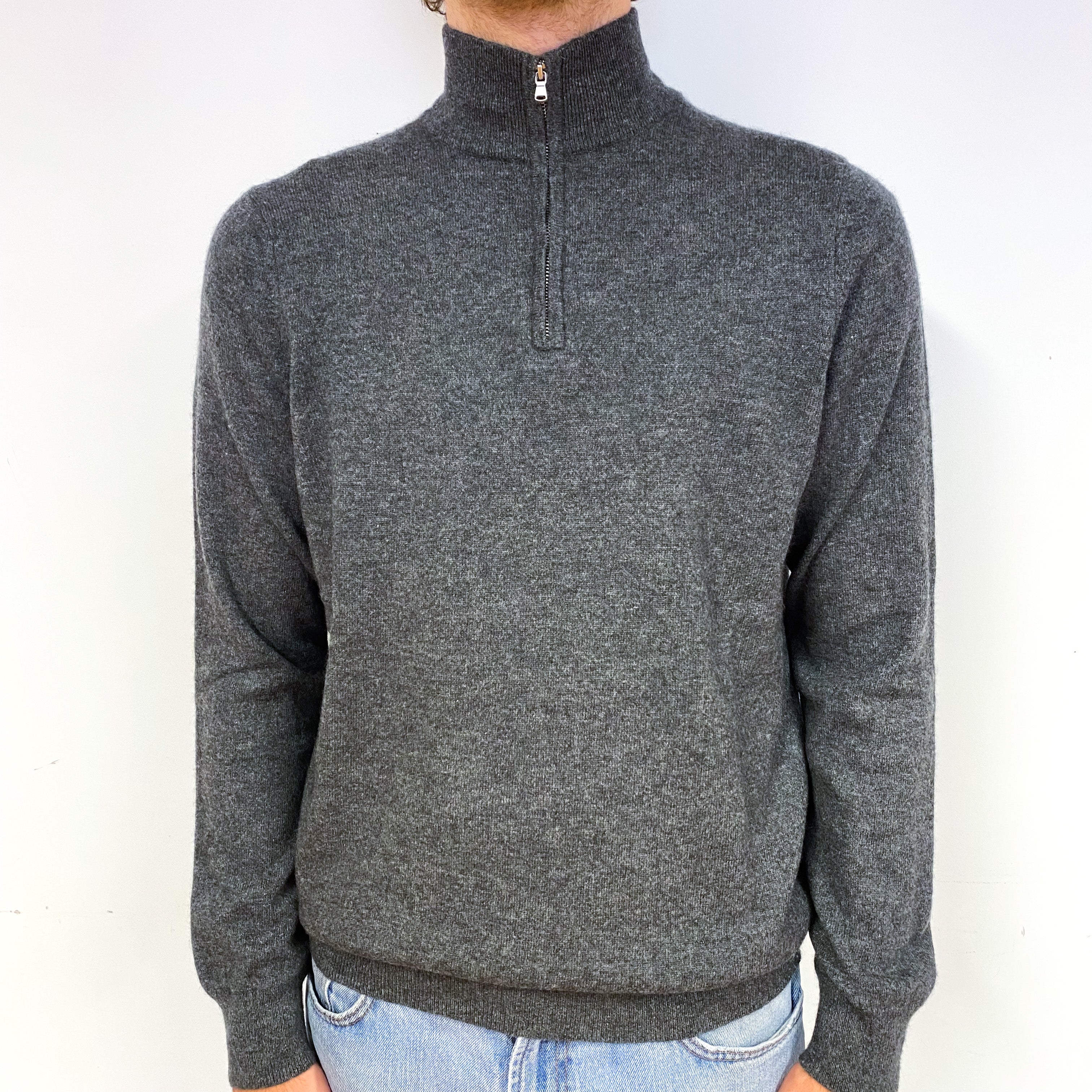 Men's Slate Grey Cashmere Quarter Zip Jumper Large
