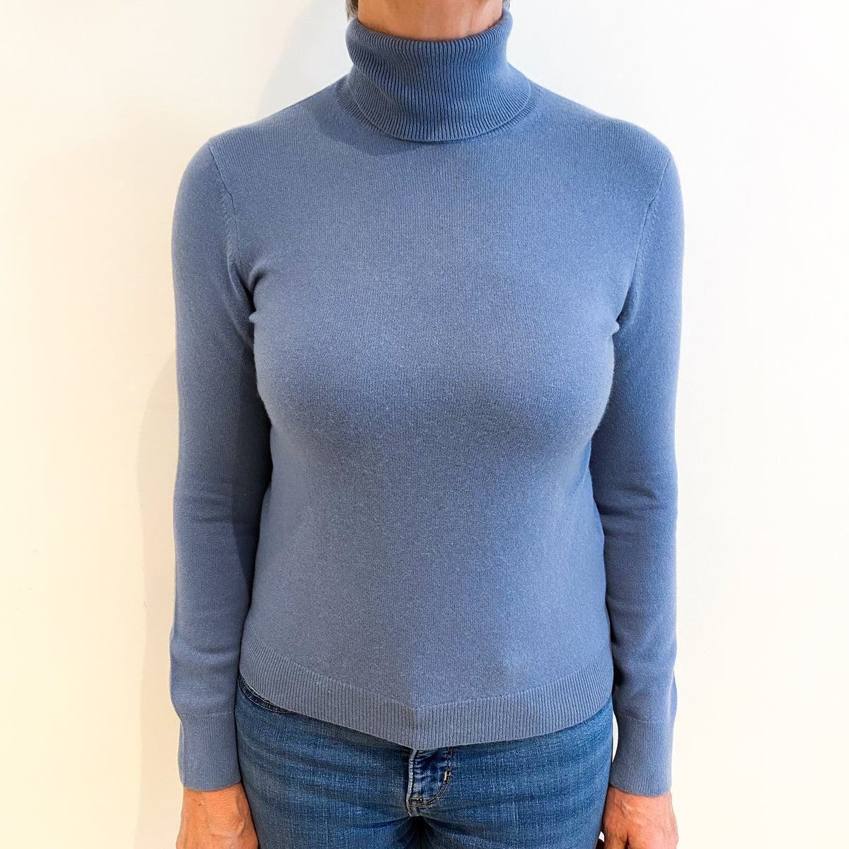 Denim Blue Cashmere Polo Neck Jumper Medium