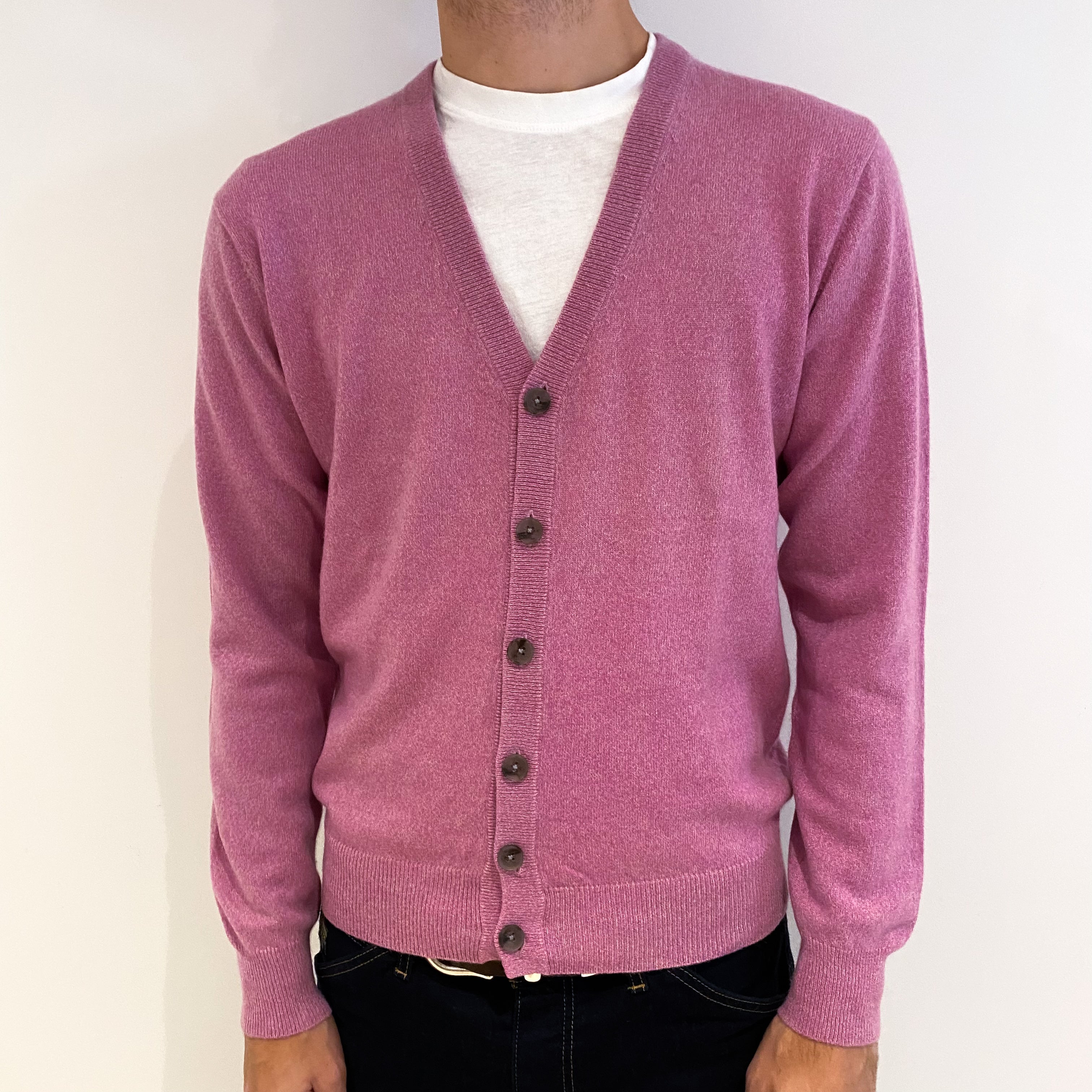 Men's Rose Pink Cashmere V Neck Cardigan Medium