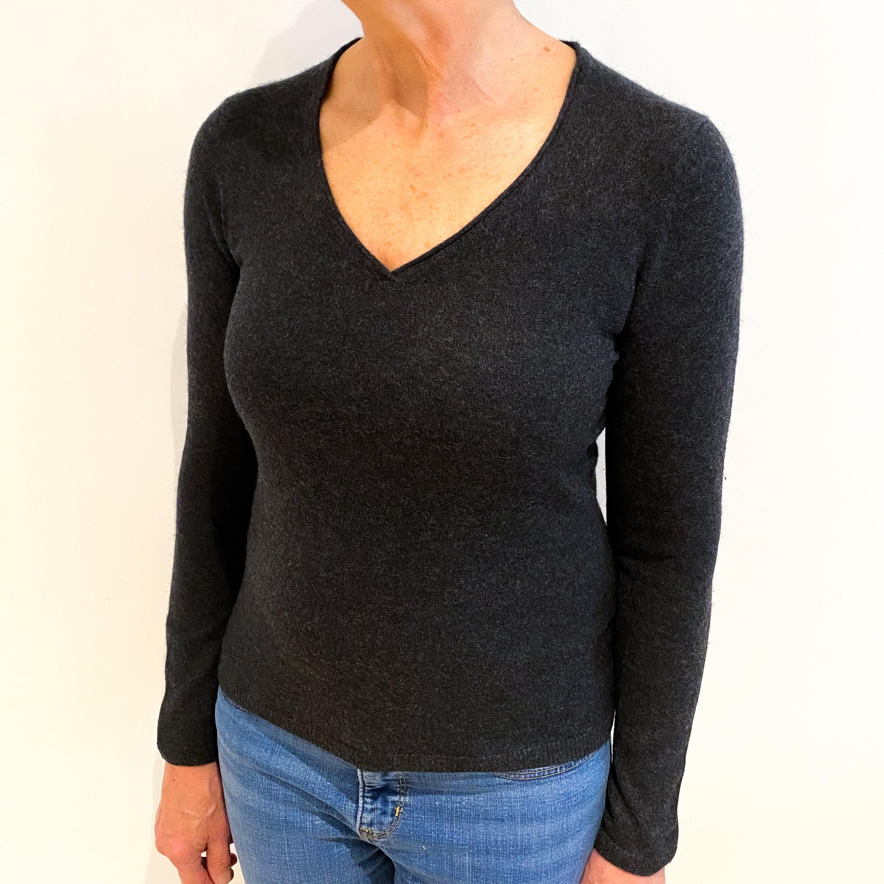 Charcoal Grey Cashmere V Neck Jumper Medium