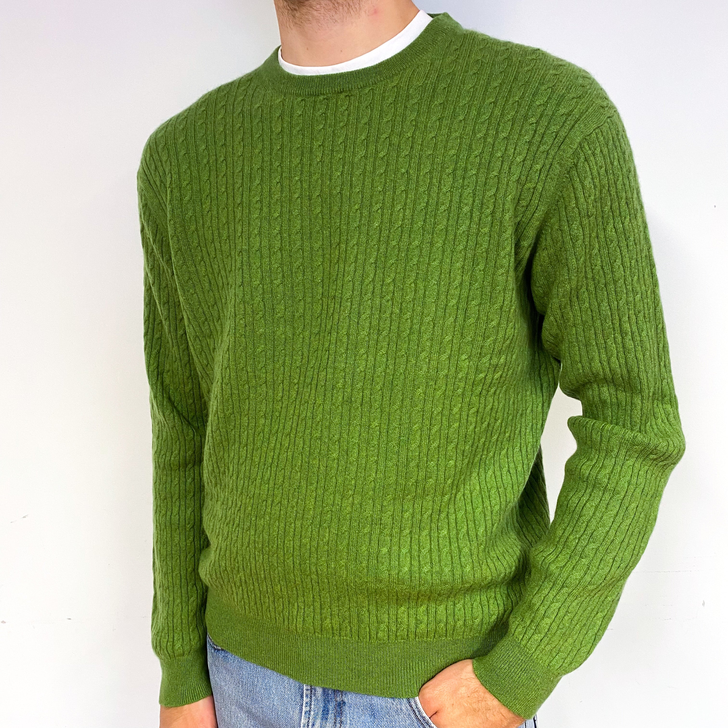 Men's Pear Green Cable Cashmere Crew Neck Jumper Large