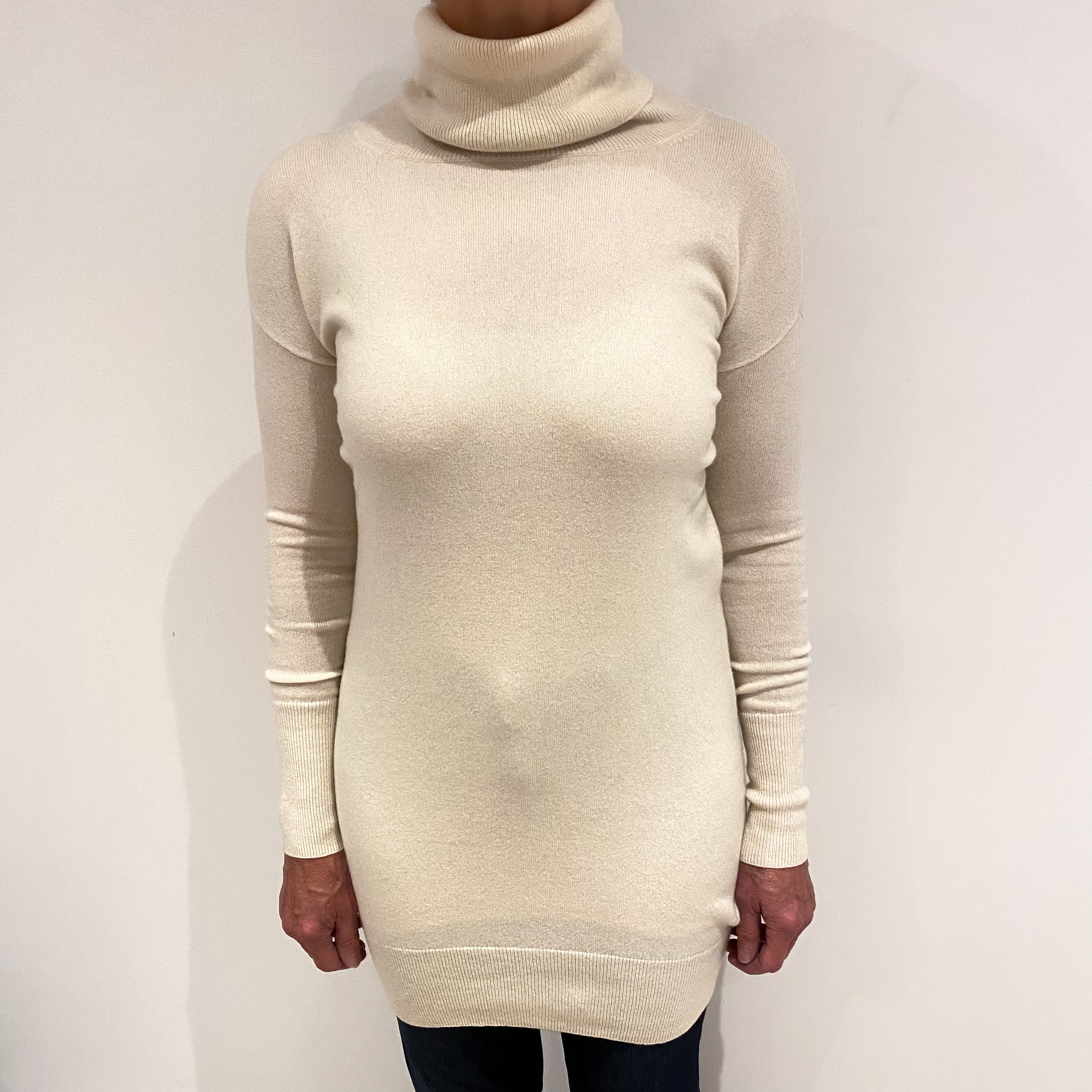 Ivory Cream Cashmere Longline Roll Neck Jumper Medium